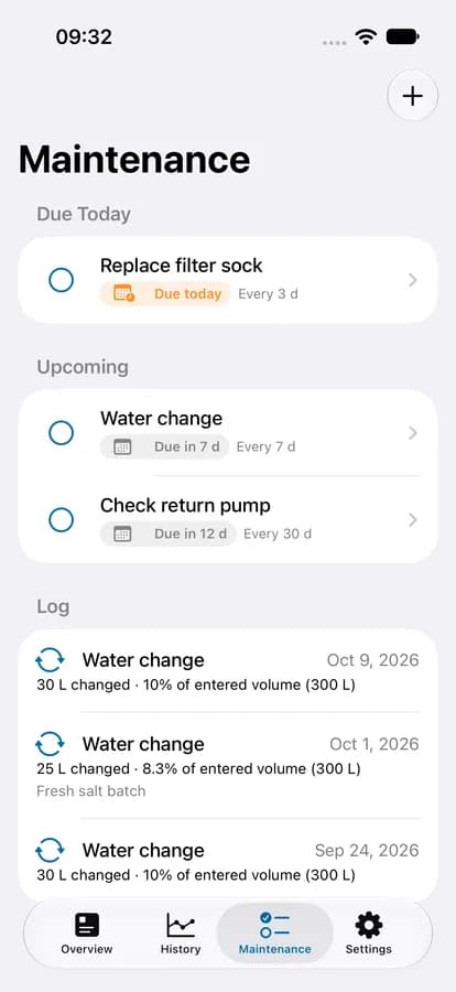 Maintenance tasks with due dates and a log