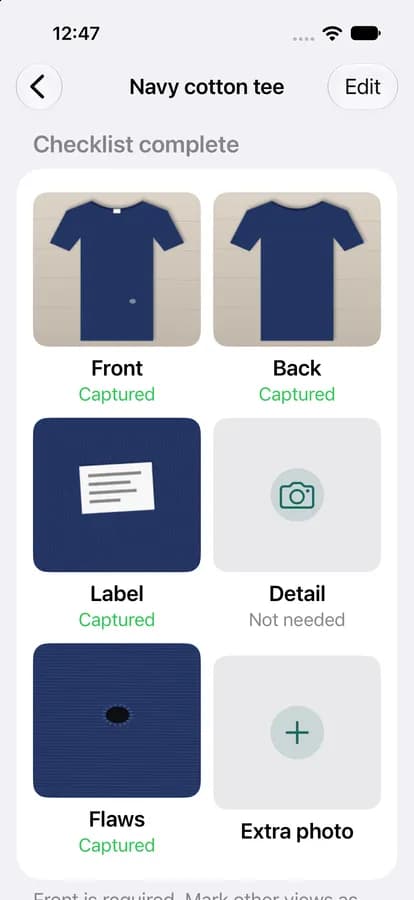Checklist of the photos for one item