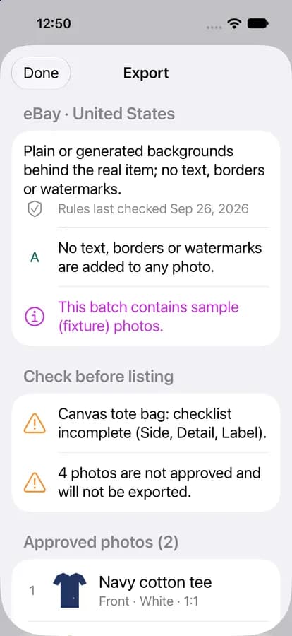 Export screen with the marketplace rules
