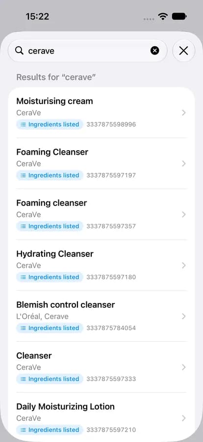 Catalog search results with ingredient lists