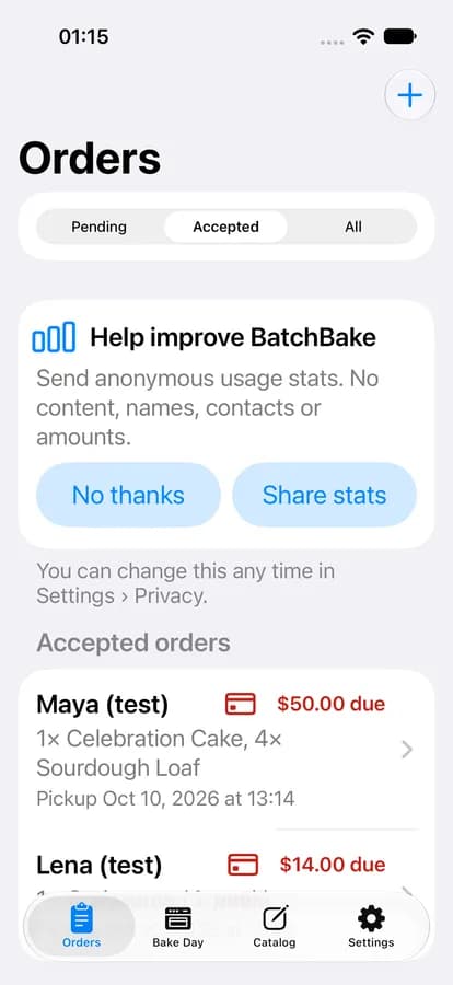 Accepted orders with balances due