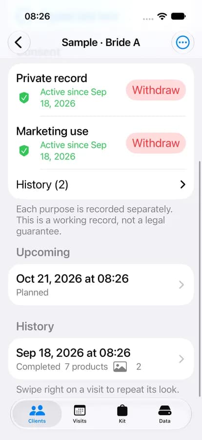 A client's consent records and visit history