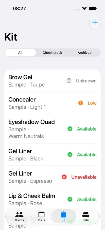 Kit list with stock status
