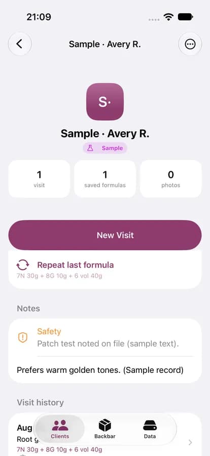 A sample client with their last formula