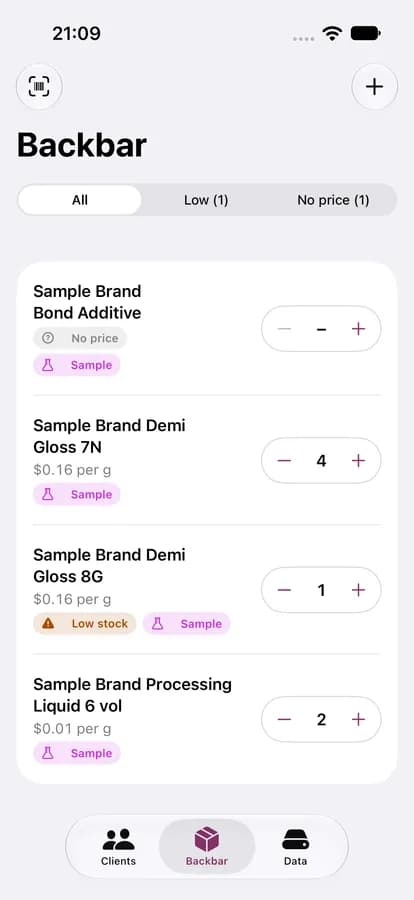 Backbar products with stock counts