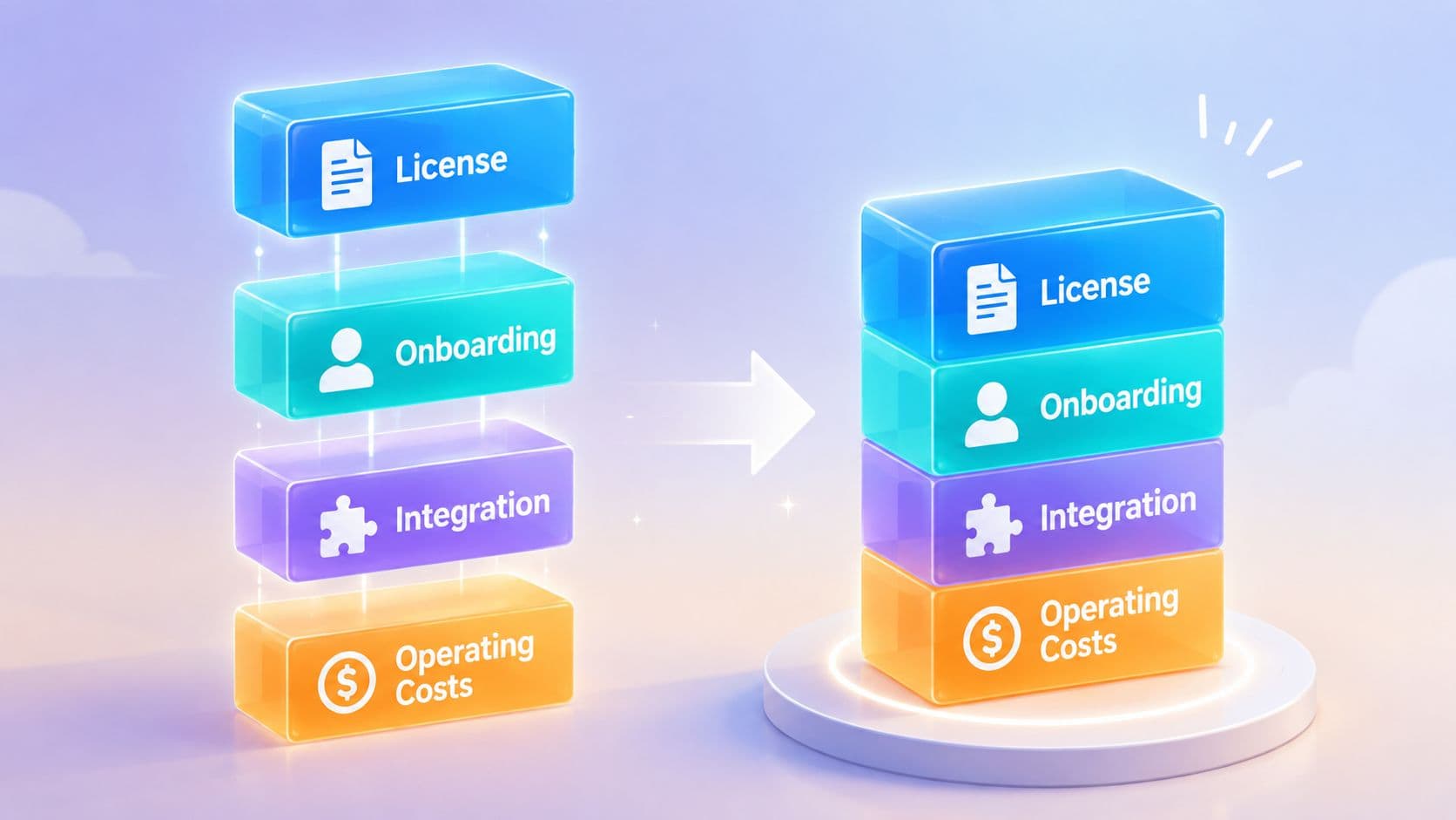 A 3D illustration showing a conceptual shift from separate process steps to a unified integrated stack.