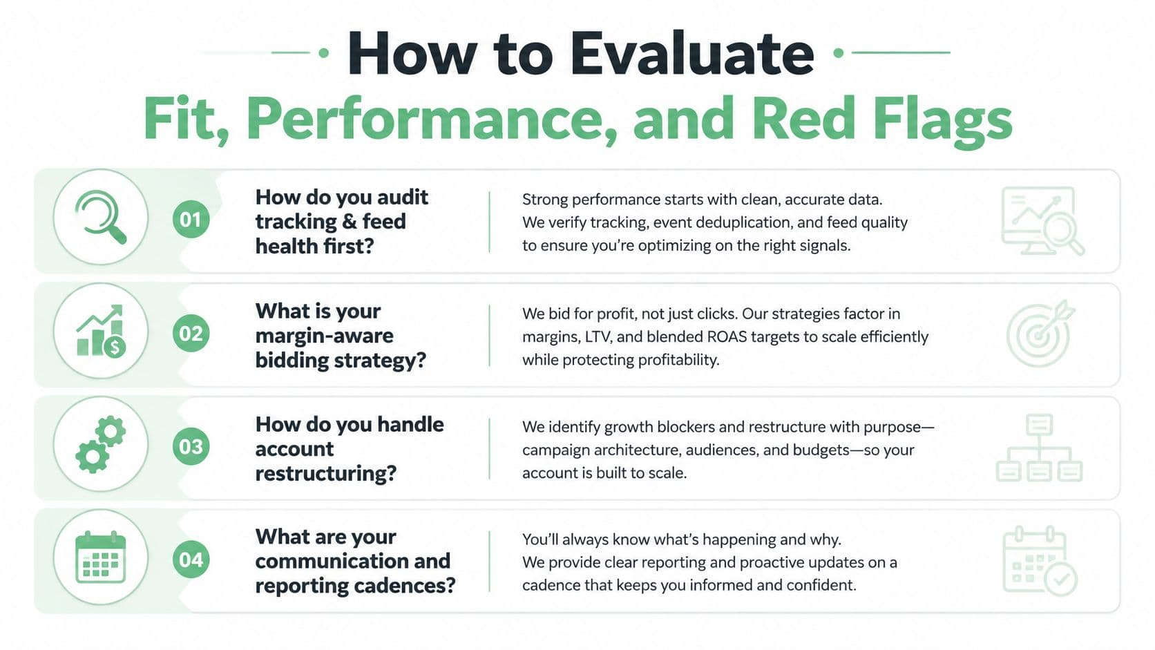 A guide on how to evaluate paid search agencies based on performance, tracking, and communication.