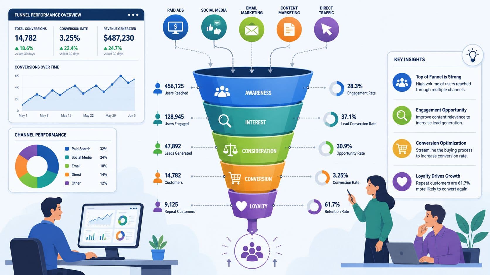 A digital marketing funnel infographic displaying metrics for conversion, engagement, and retention stages with data analytics.