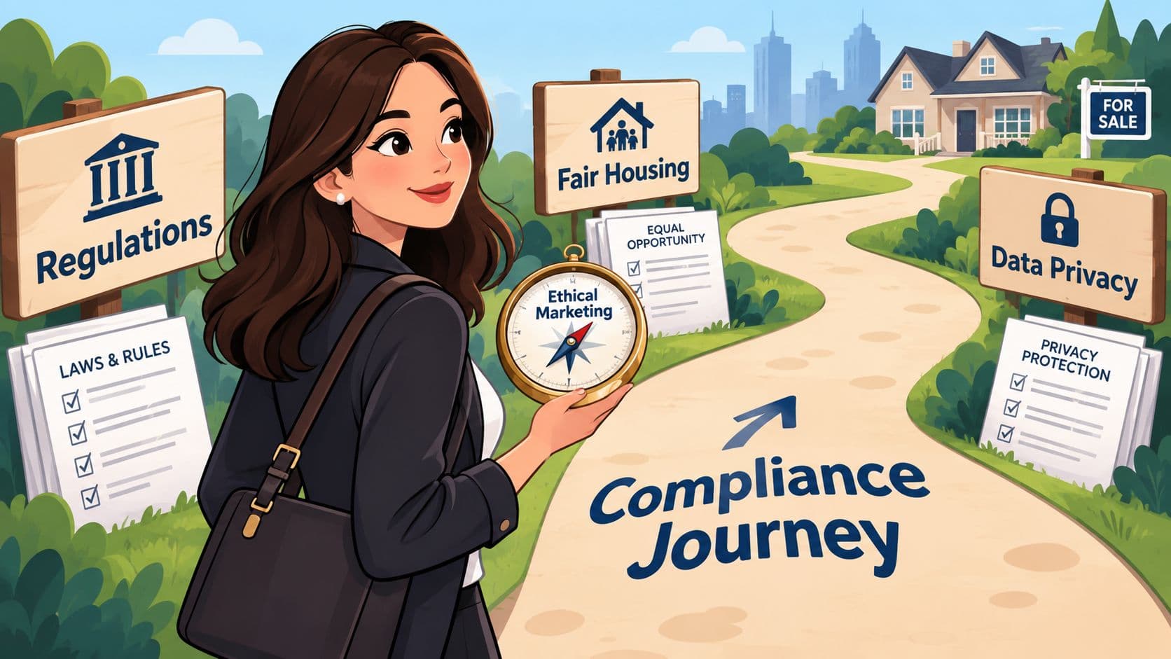 A professional woman holding an Ethical Marketing compass, representing guidance through real estate compliance and regulations.