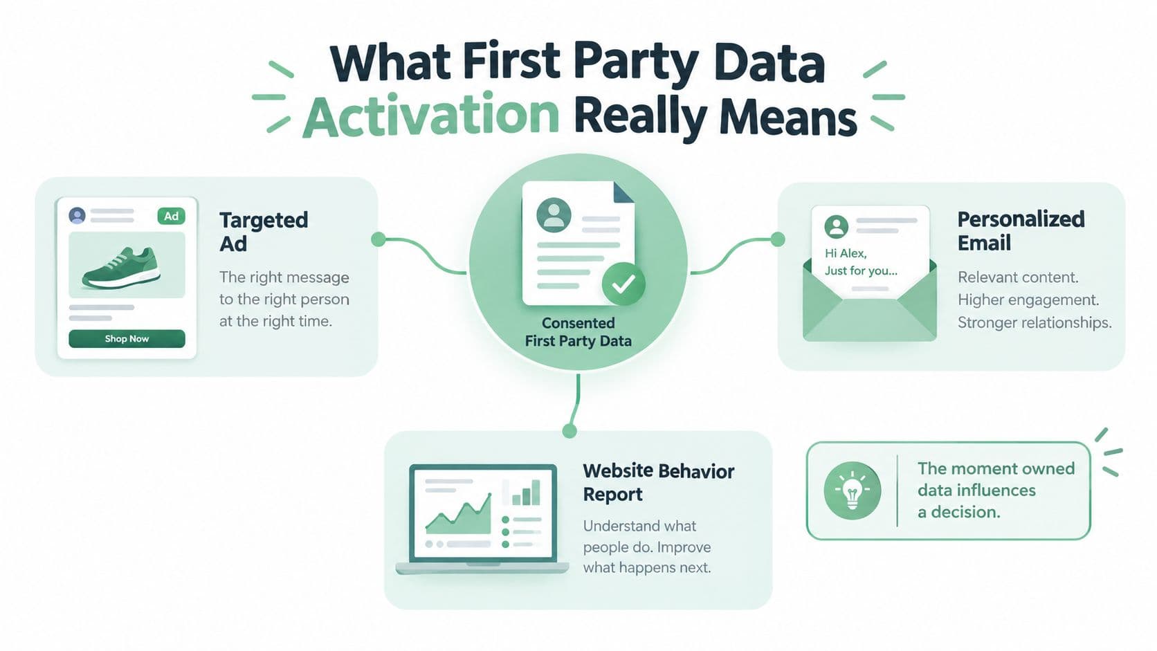 A diagram illustrating how consented first-party data activates targeted ads, personalized emails, and website behavior reporting.