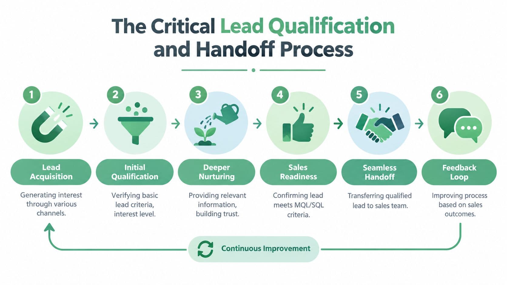 A six-step infographic detailing the critical lead qualification and handoff process from acquisition to feedback.