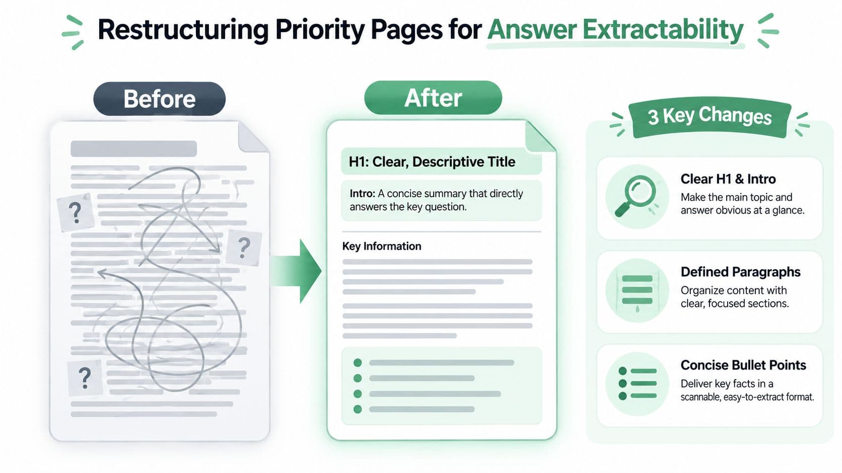 An infographic showing how to restructure webpage content for better answer engine optimization and extractability.