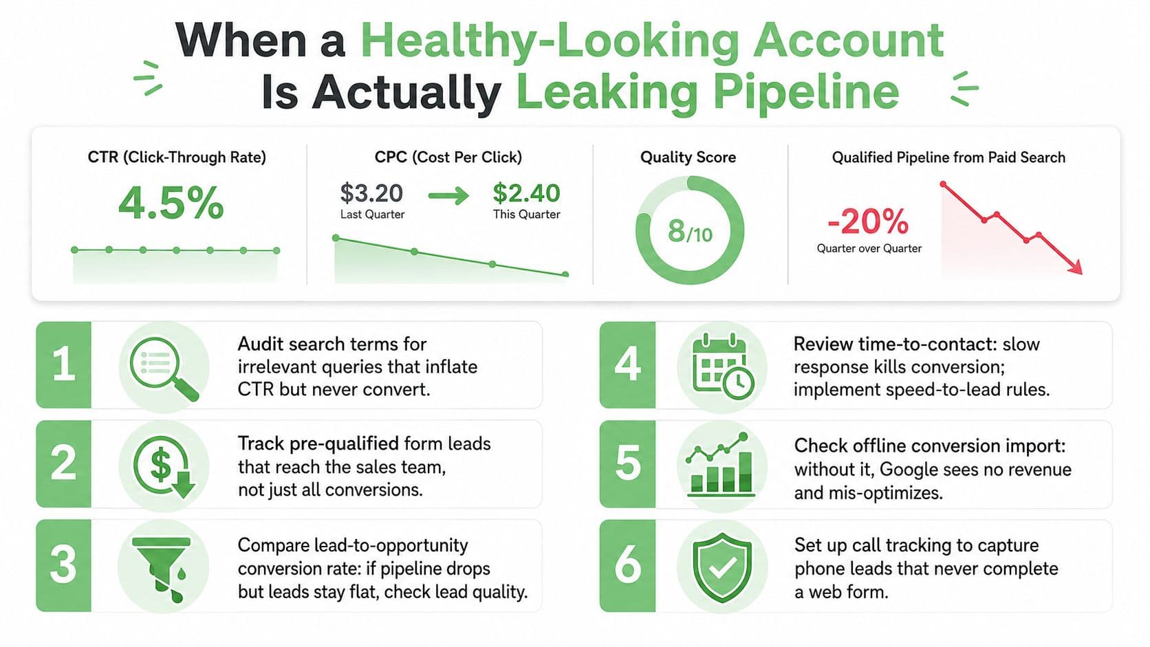 An infographic detailing six steps to fix a Google Ads account that has high traffic but low lead quality.