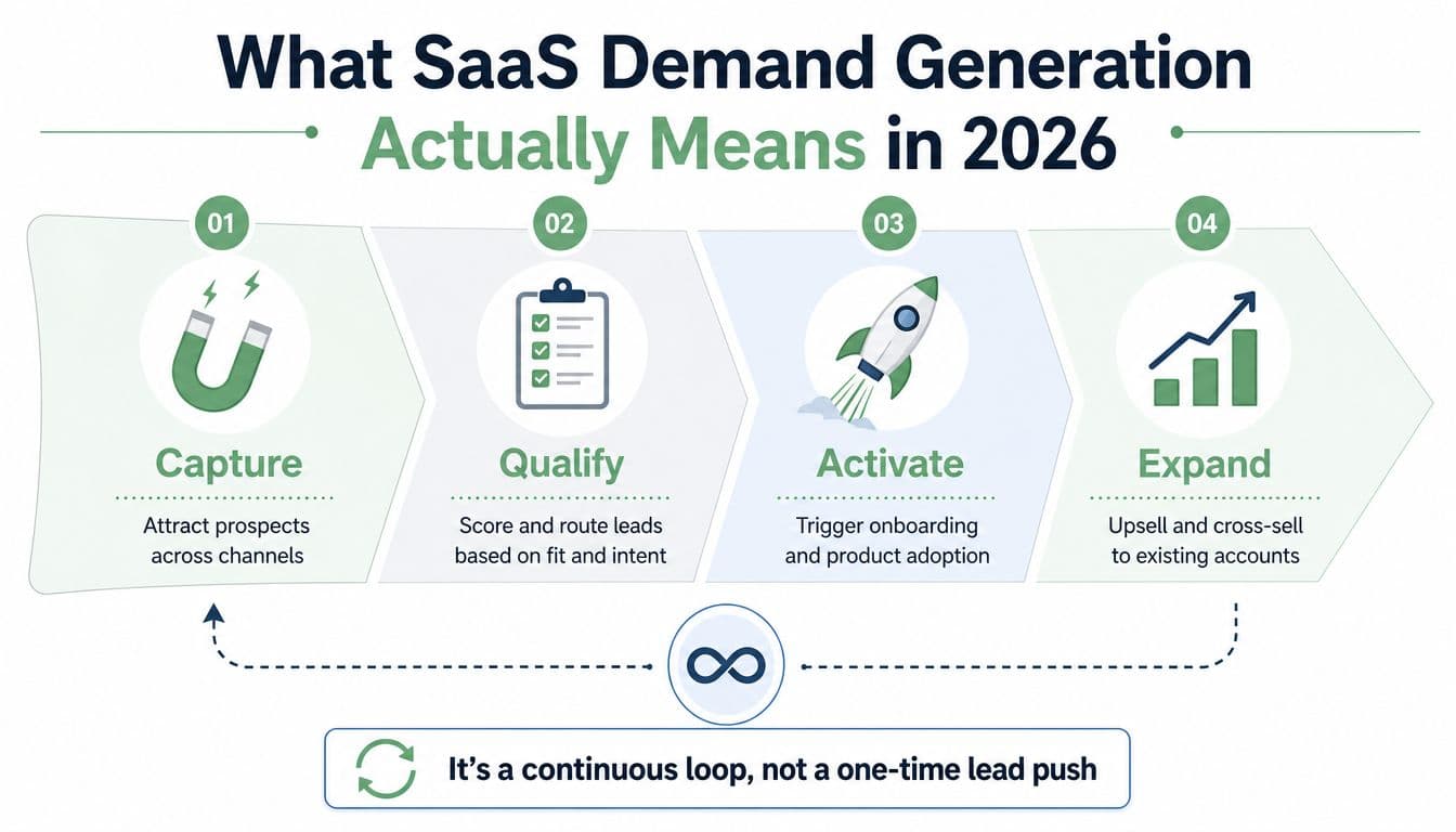 A four-step diagram illustrating the continuous loop process for SaaS demand generation in 2026.