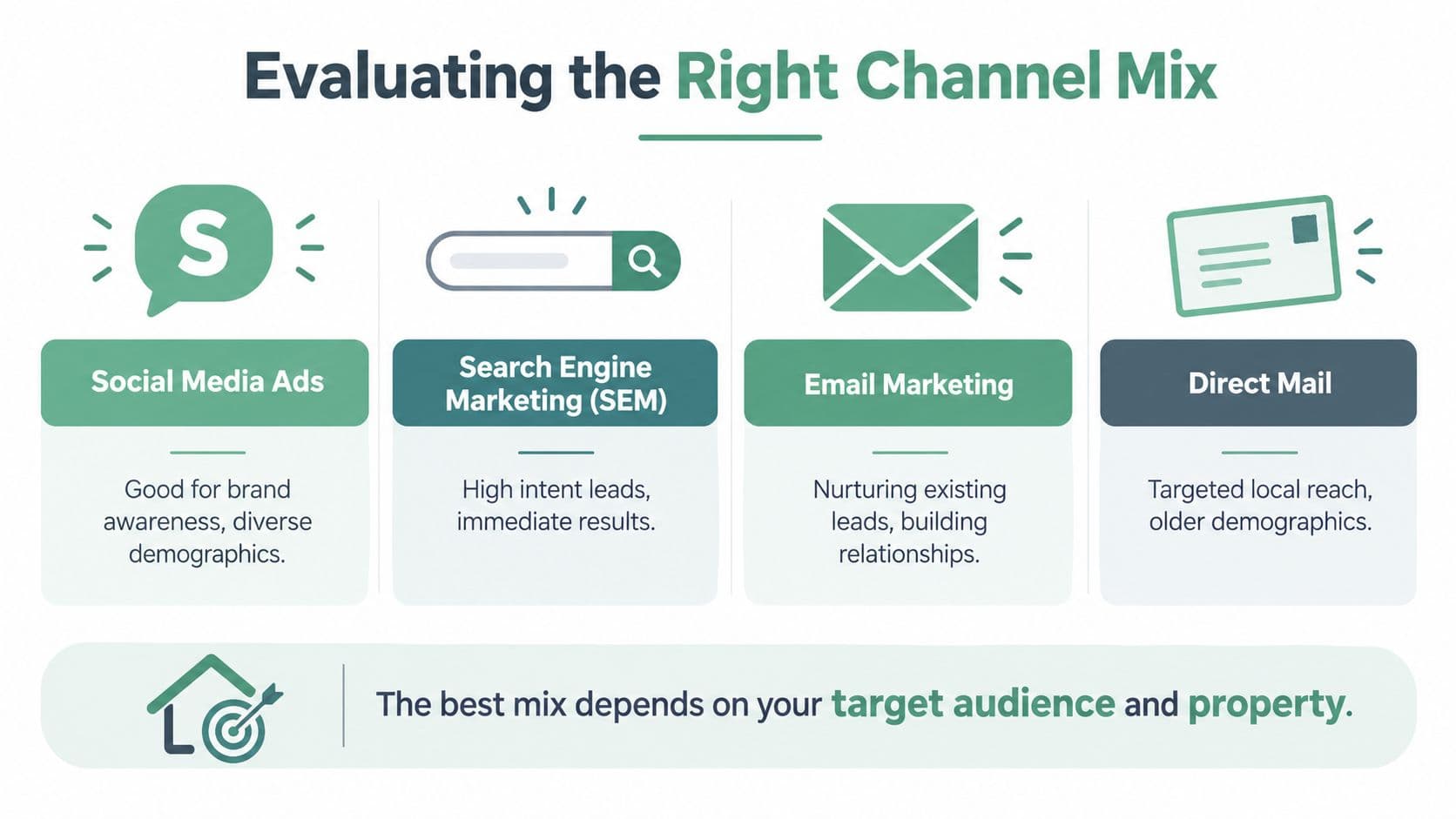 An infographic illustrating various marketing channels including social media, SEM, email, and direct mail for real estate.