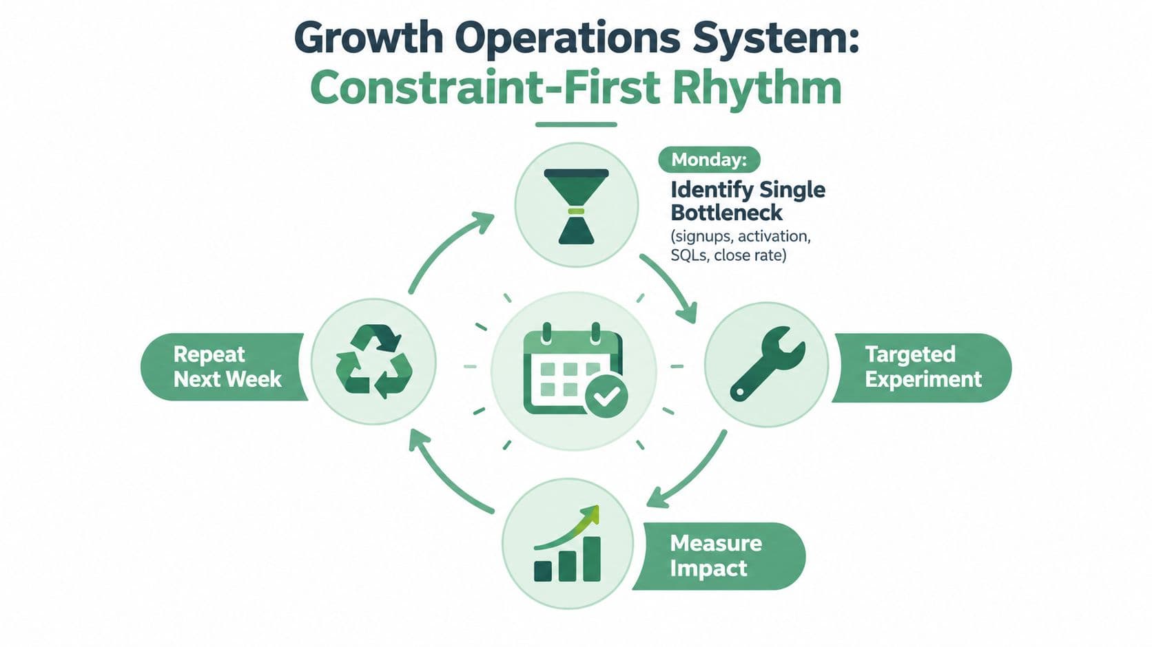 A diagram illustrating a four-step weekly growth operations system cycle focused on identifying bottlenecks and testing improvements.