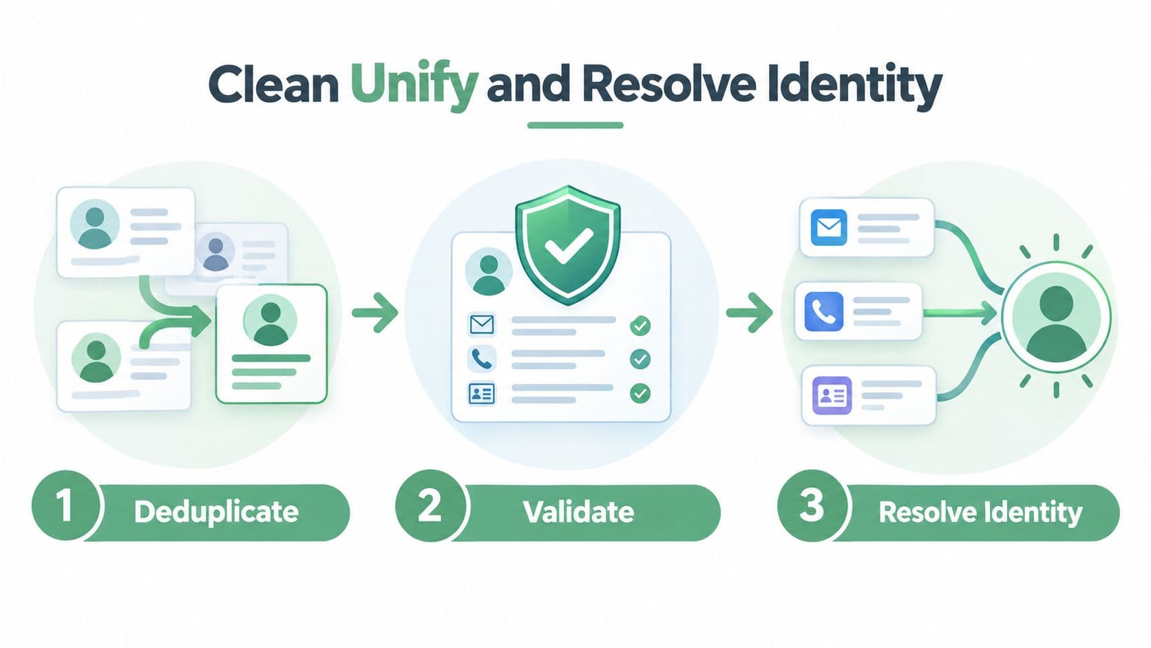 A diagram illustrating a three-step process for cleaning, unifying, and resolving customer identity data.