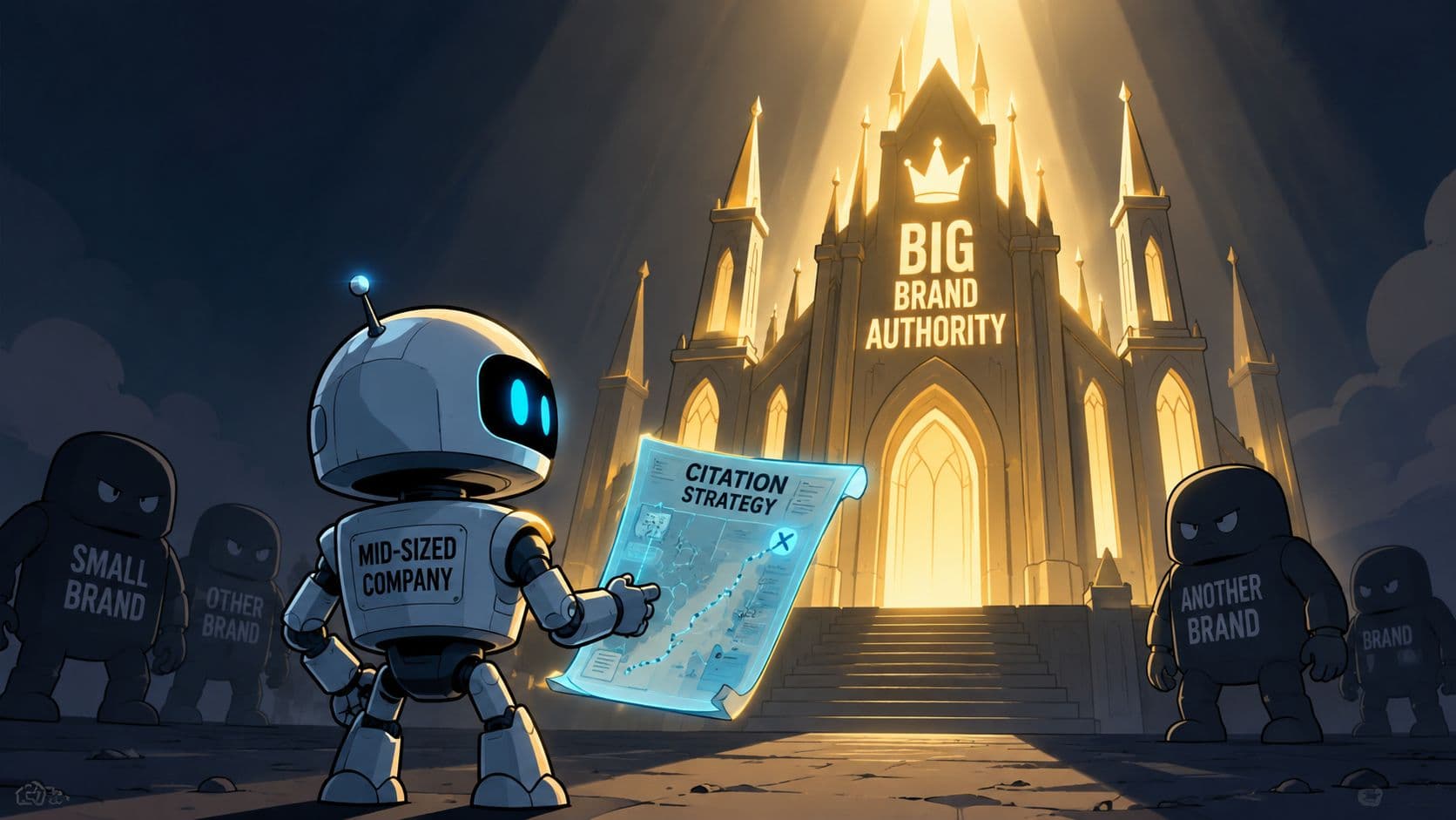 A robot holding a citation strategy map before a glowing cathedral titled Big Brand Authority.