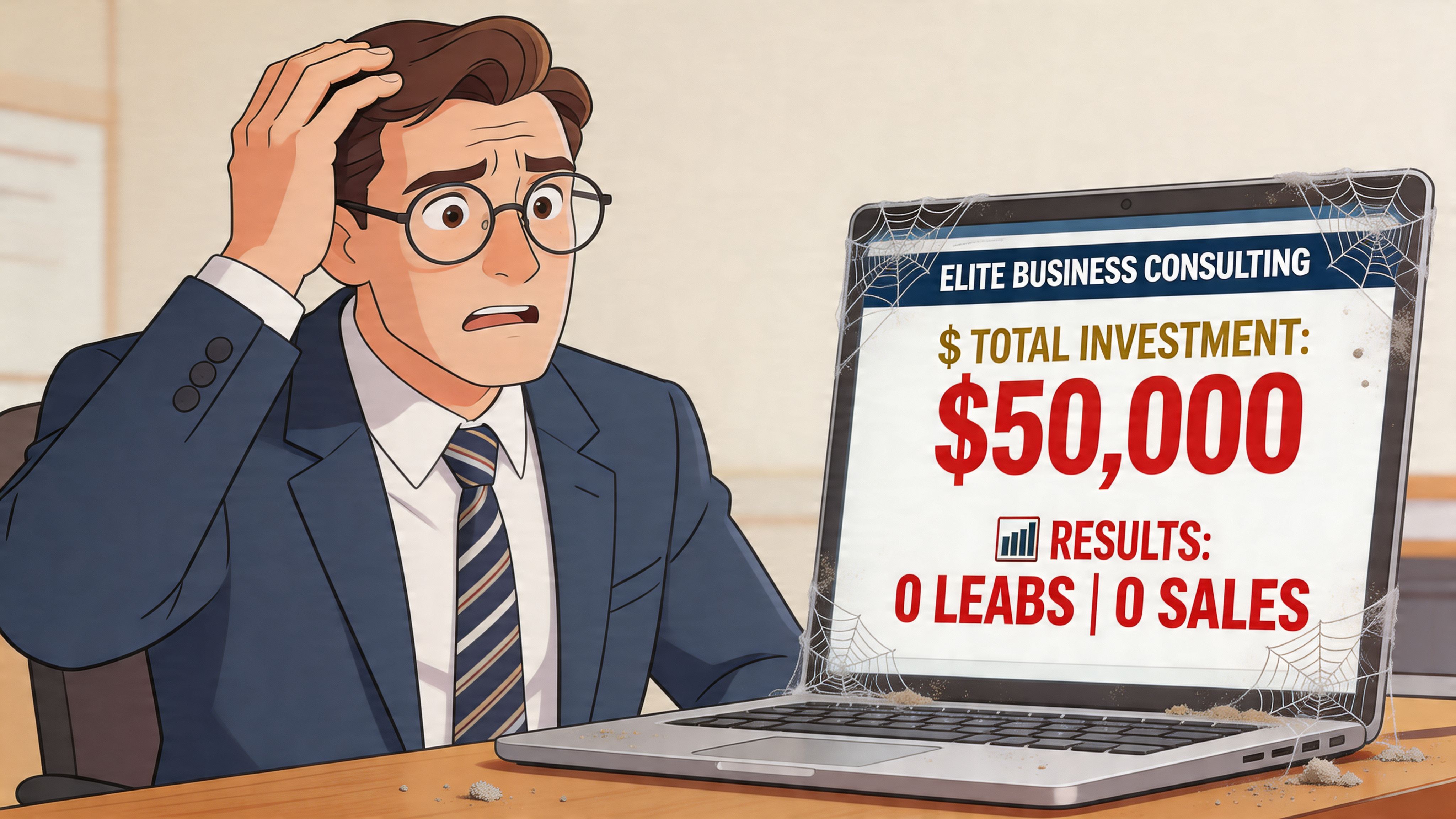 A frustrated businessman looking at a laptop screen showing a failed fifty thousand dollar consulting investment.