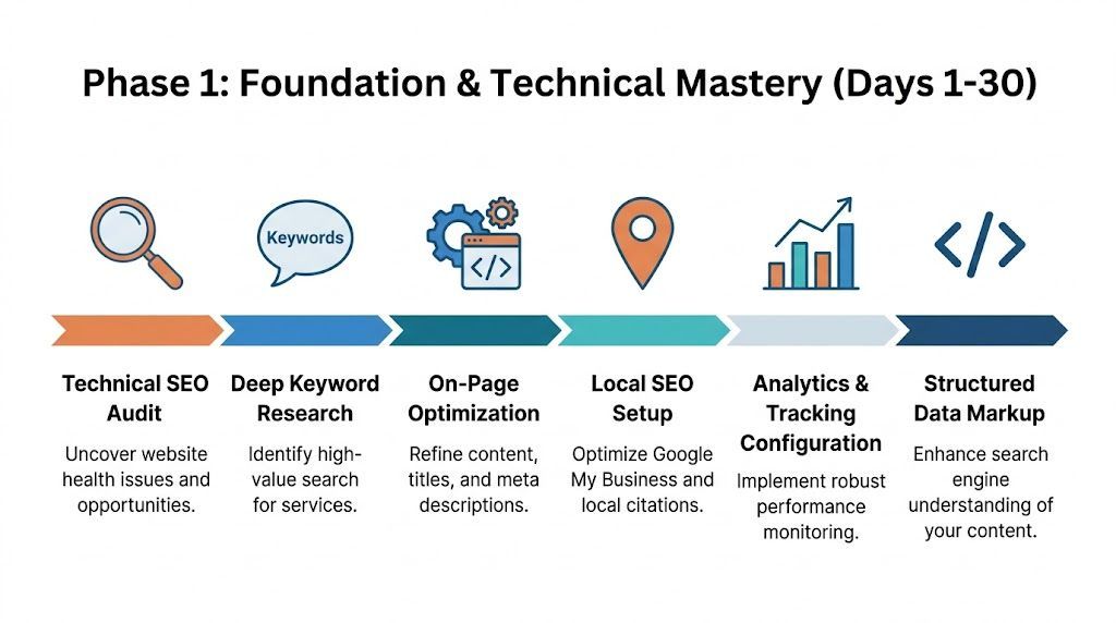 A six-step roadmap for Phase 1 of SEO strategy, covering technical audit, keywords, optimization, and analytics setup.
