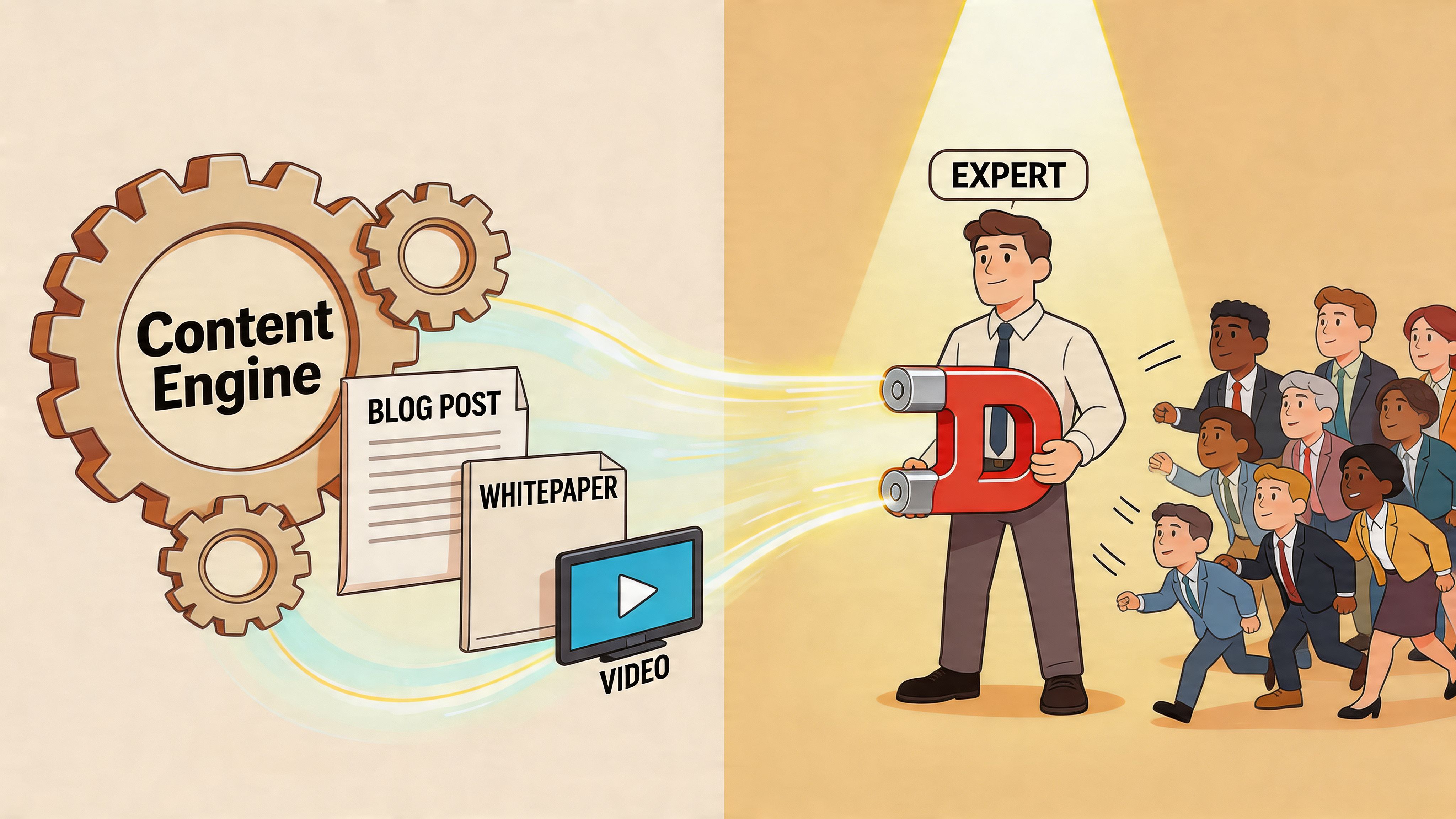 A diagram showing a content engine producing blog posts, whitepapers, and videos to attract an expert.