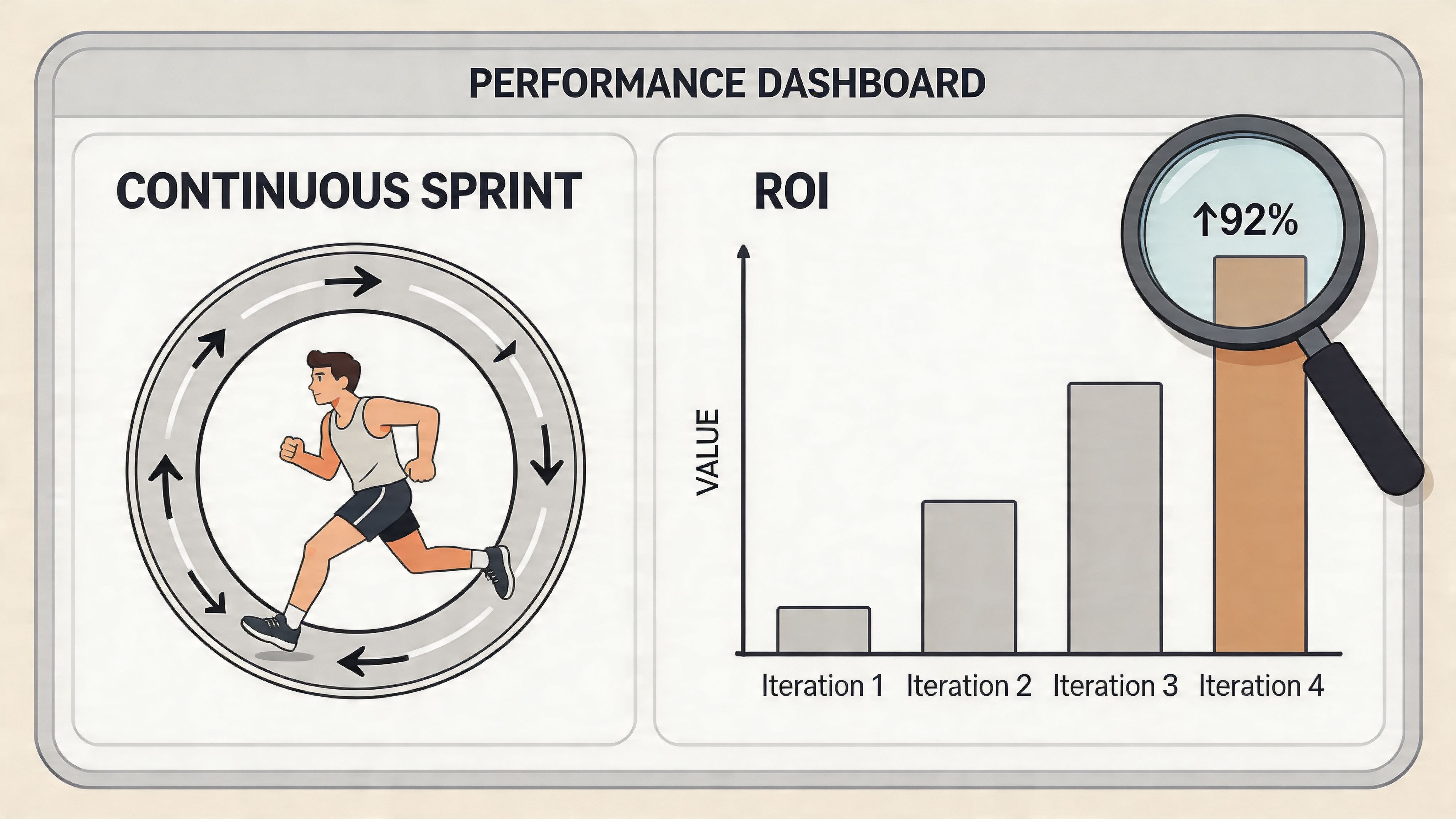 A performance dashboard illustrating a continuous sprint cycle leading to a ninety-two percent increase in ROI.