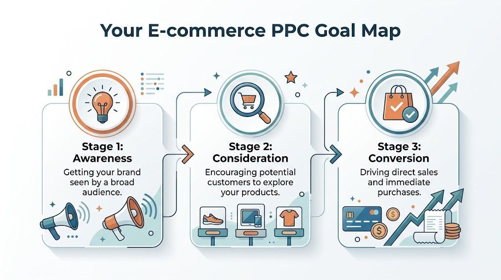 A diagram illustrating the three stages of an e-commerce PPC goal map: awareness, consideration, and conversion.