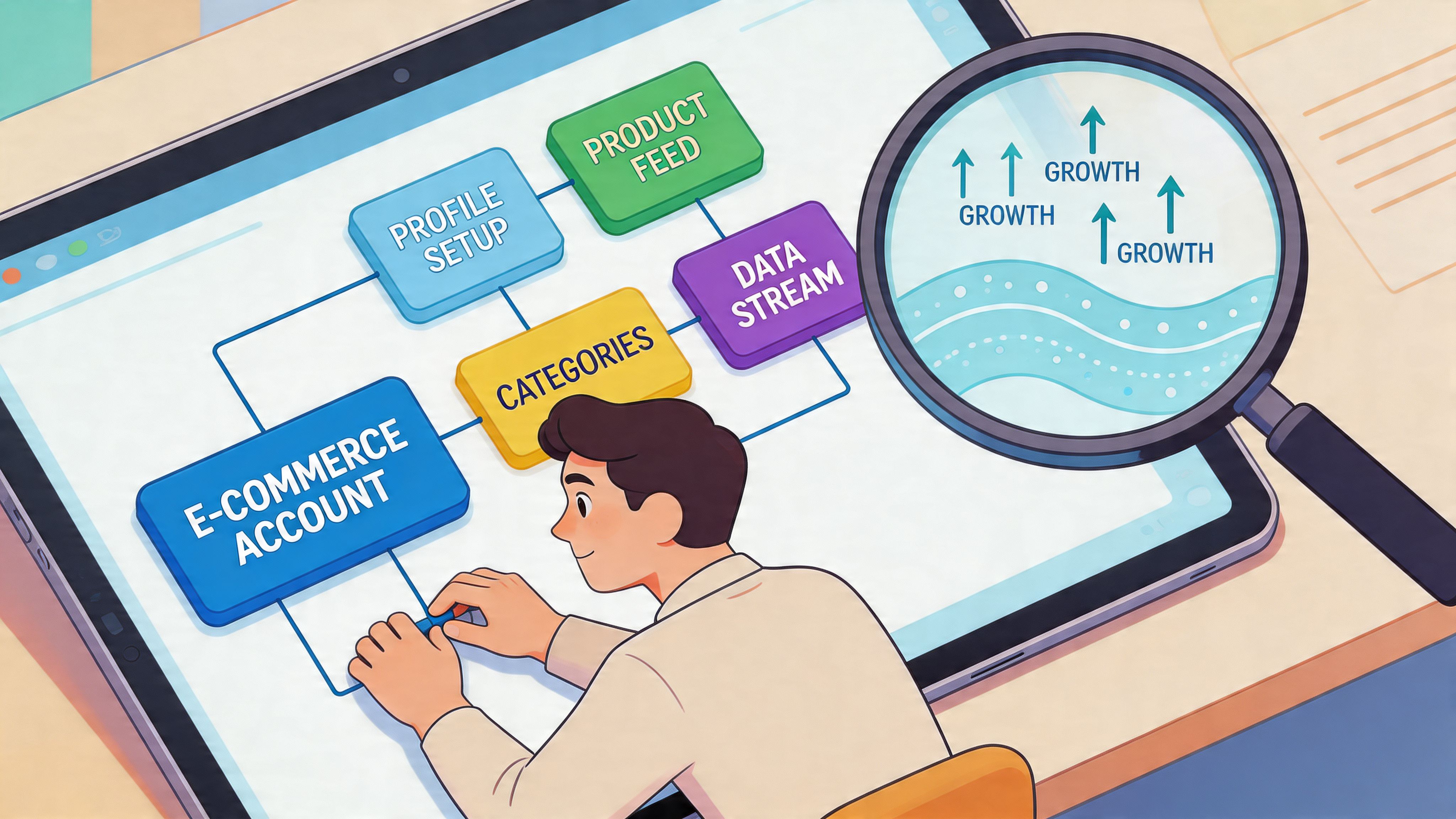 A professional analyzing a digital e-commerce workflow chart displayed on a tablet screen with growth indicators.