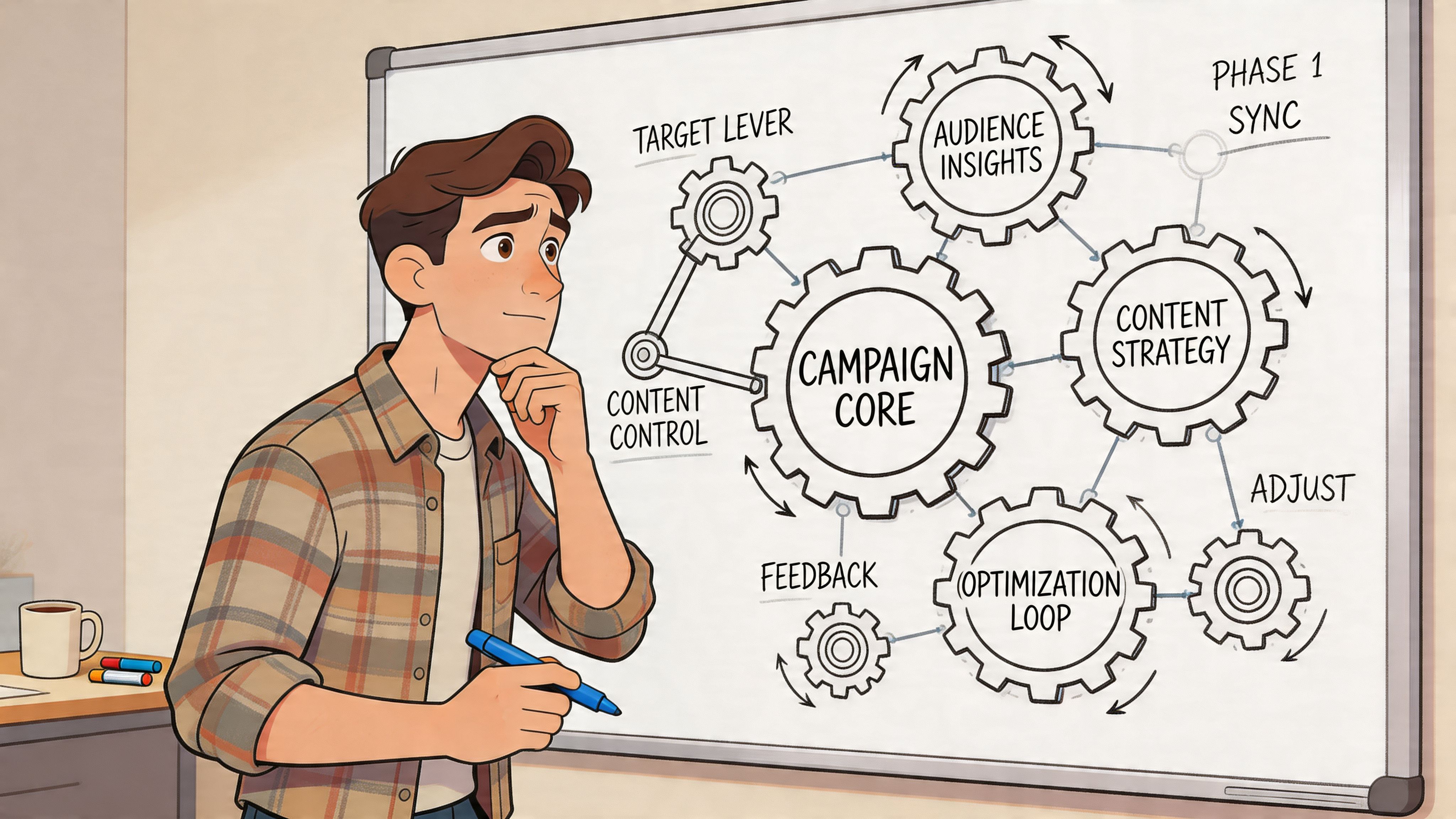A young man thoughtfully examines a whiteboard diagram illustrating a complex campaign management strategy with interconnected gears.