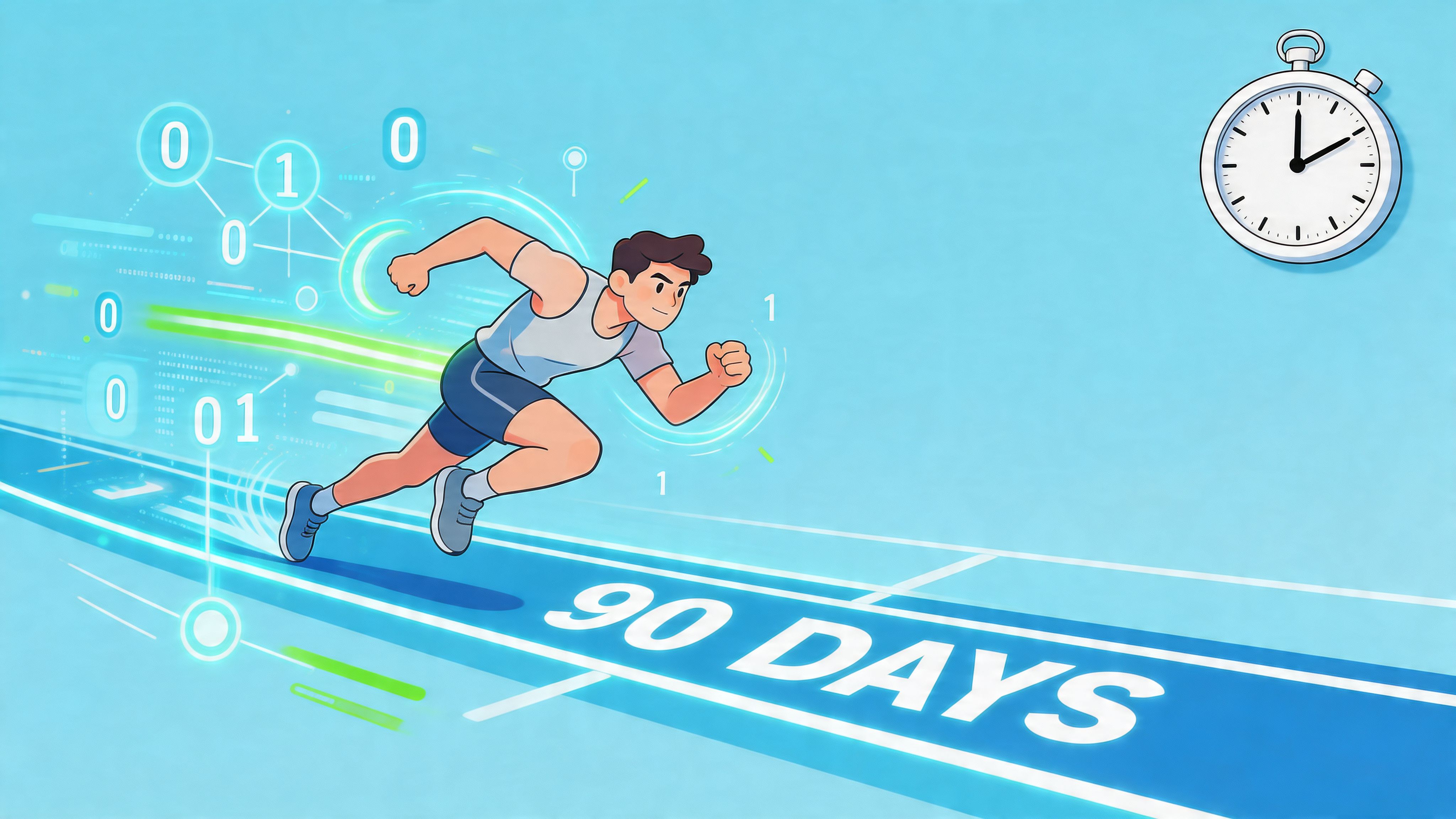 A cartoon illustration of a runner sprinting on a blue digital track with 90 days text.