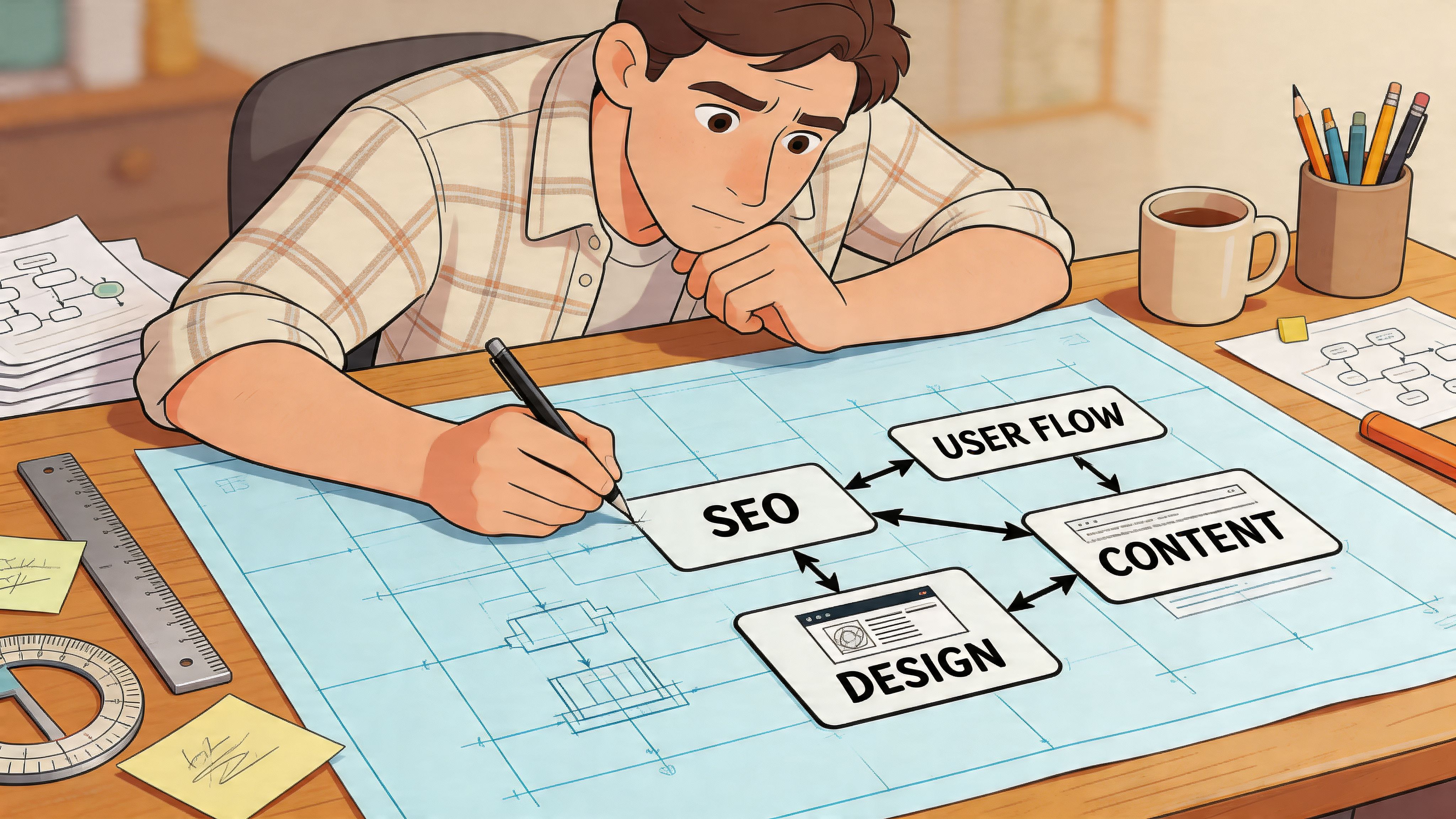 A young man sitting at a desk carefully drawing a diagram showing connections between SEO, user flow, and design.