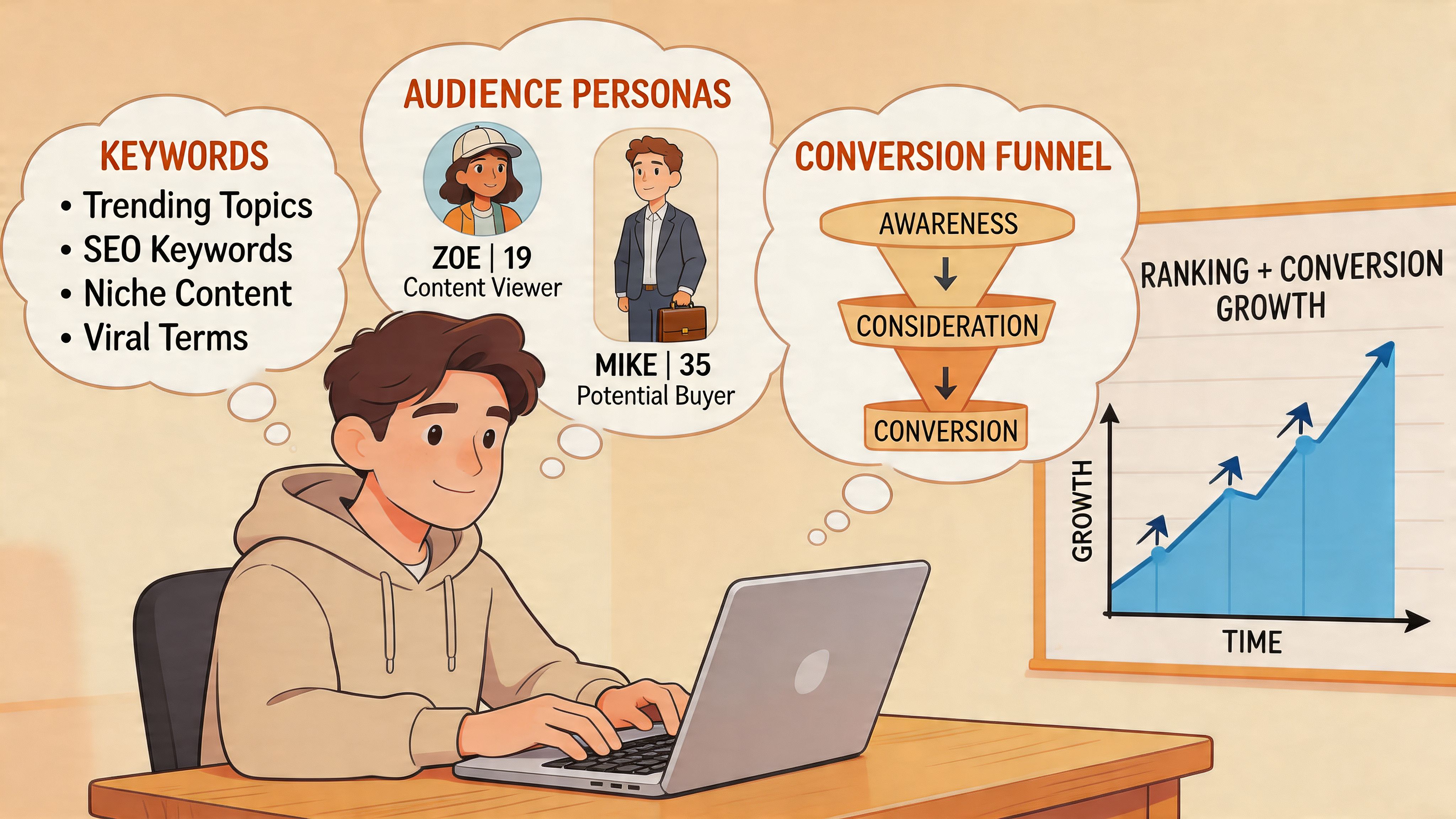 A person working on a laptop visualizing SEO keywords, audience personas, and a conversion growth funnel.