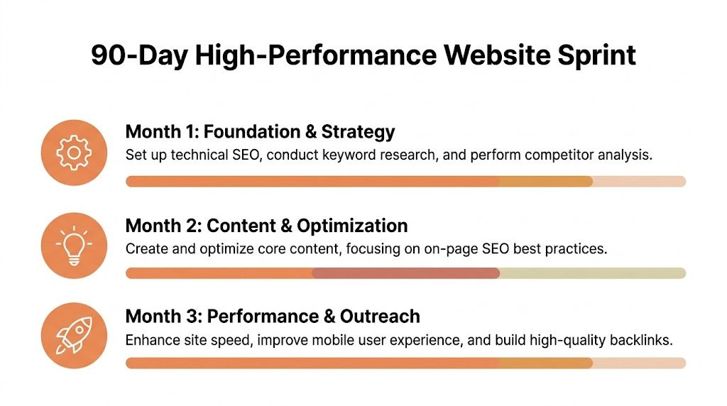A 90-day high-performance website sprint plan showing three months of SEO strategy, content optimization, and outreach tasks.