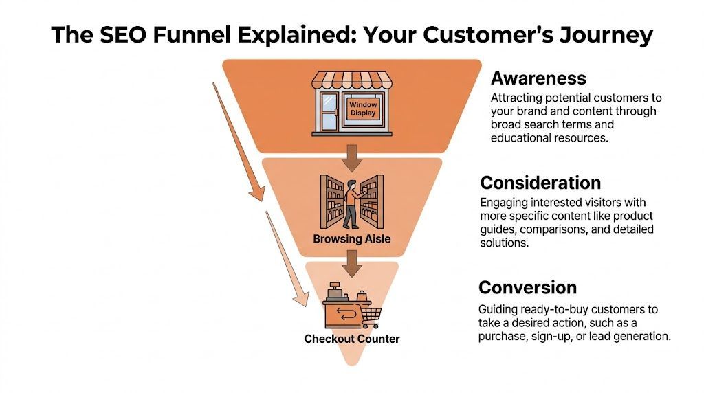 An illustrative funnel diagram depicting the three stages of the SEO customer journey: Awareness, Consideration, and Conversion.