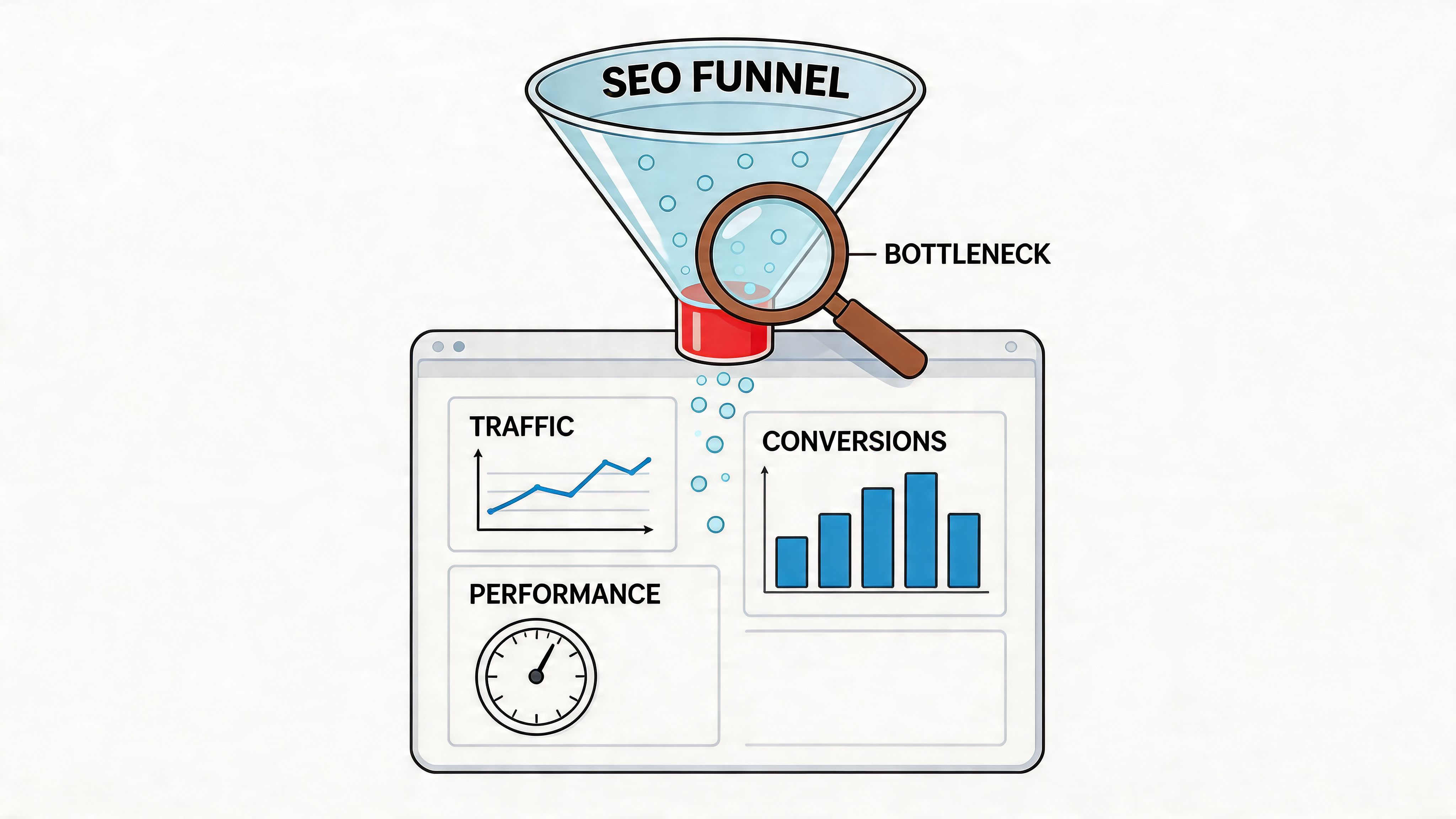 A digital illustration showing an SEO funnel with a magnifying glass identifying a bottleneck leading to website analytics.