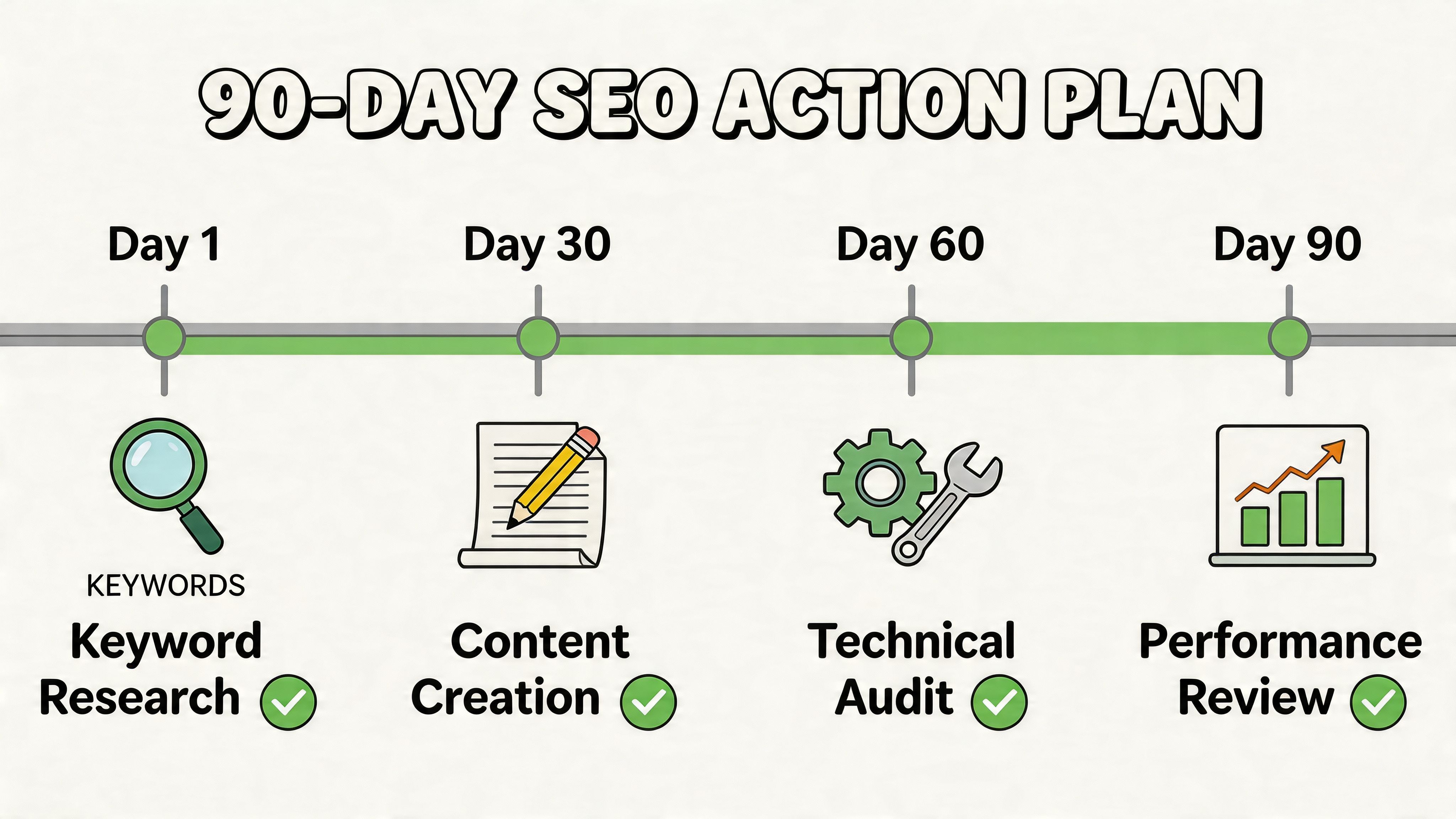 A 90-day SEO action plan infographic showing a timeline for keyword research, content creation, technical audit, and performance review.