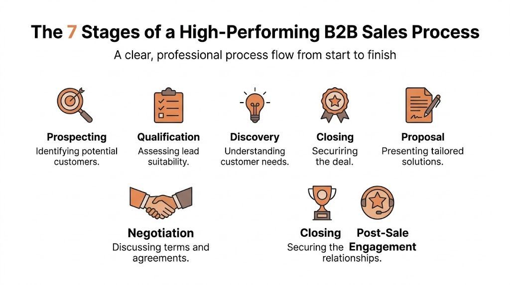 A visual guide illustrating the seven stages of a high-performing B2B sales process from start to finish.