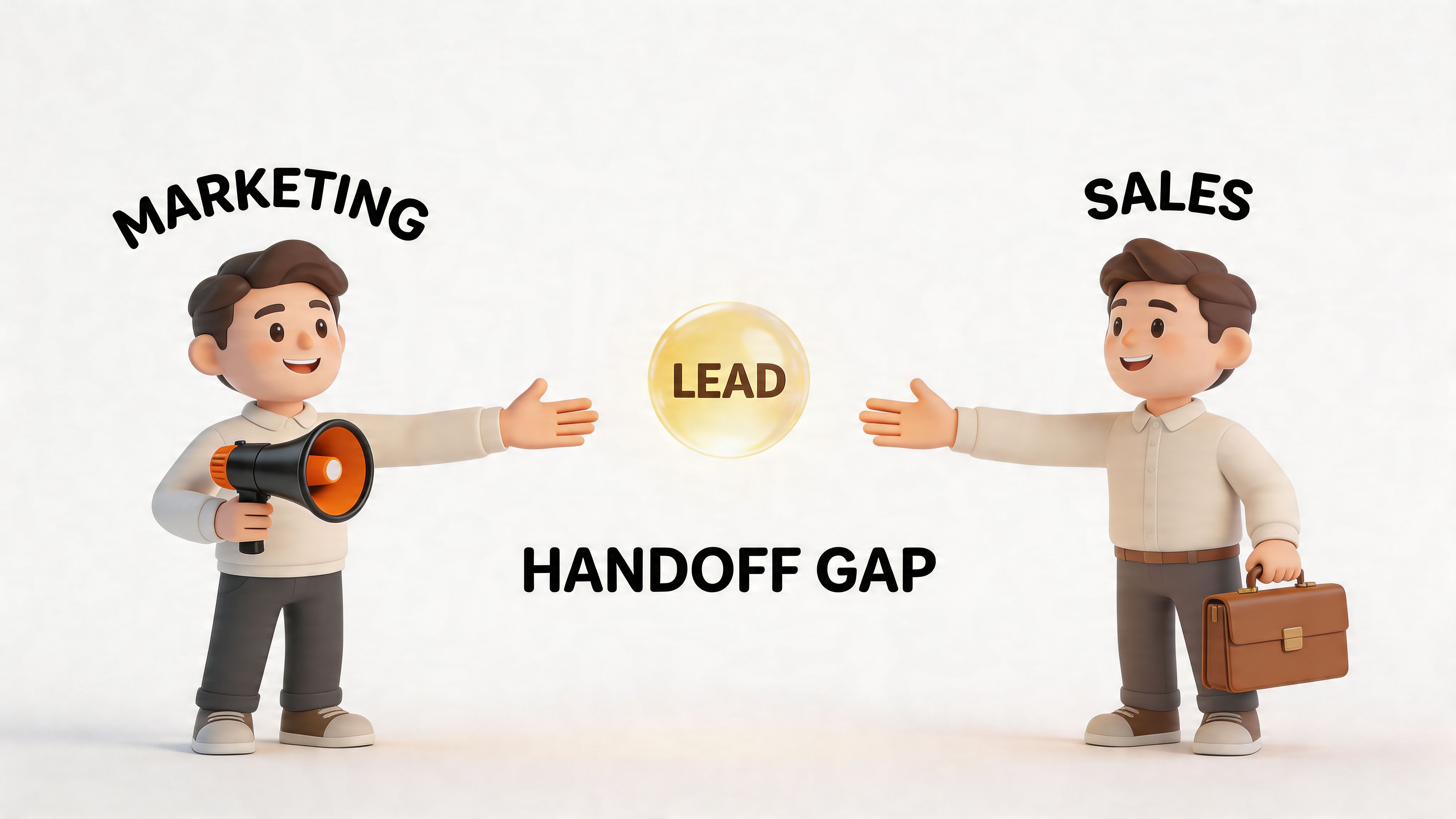 A 3D illustration showing a marketing representative and a sales representative separated by a lead handoff gap.
