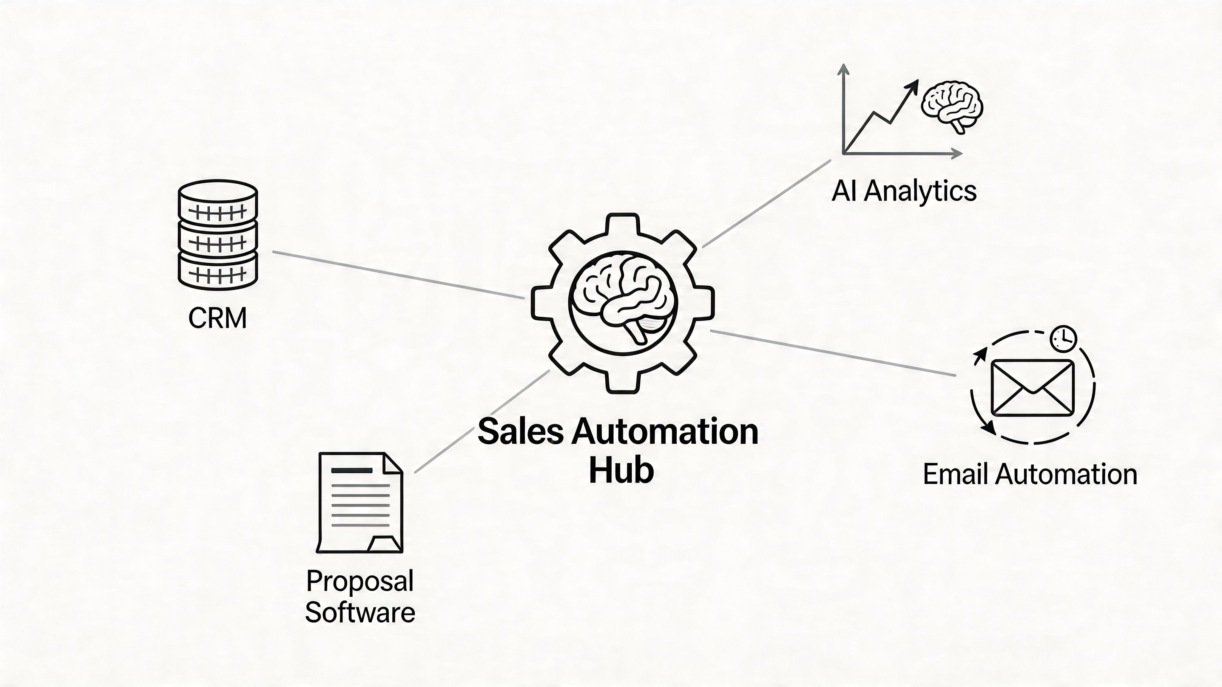 A diagram illustrating a central Sales Automation Hub connected to CRM, proposal software, email automation, and AI analytics.
