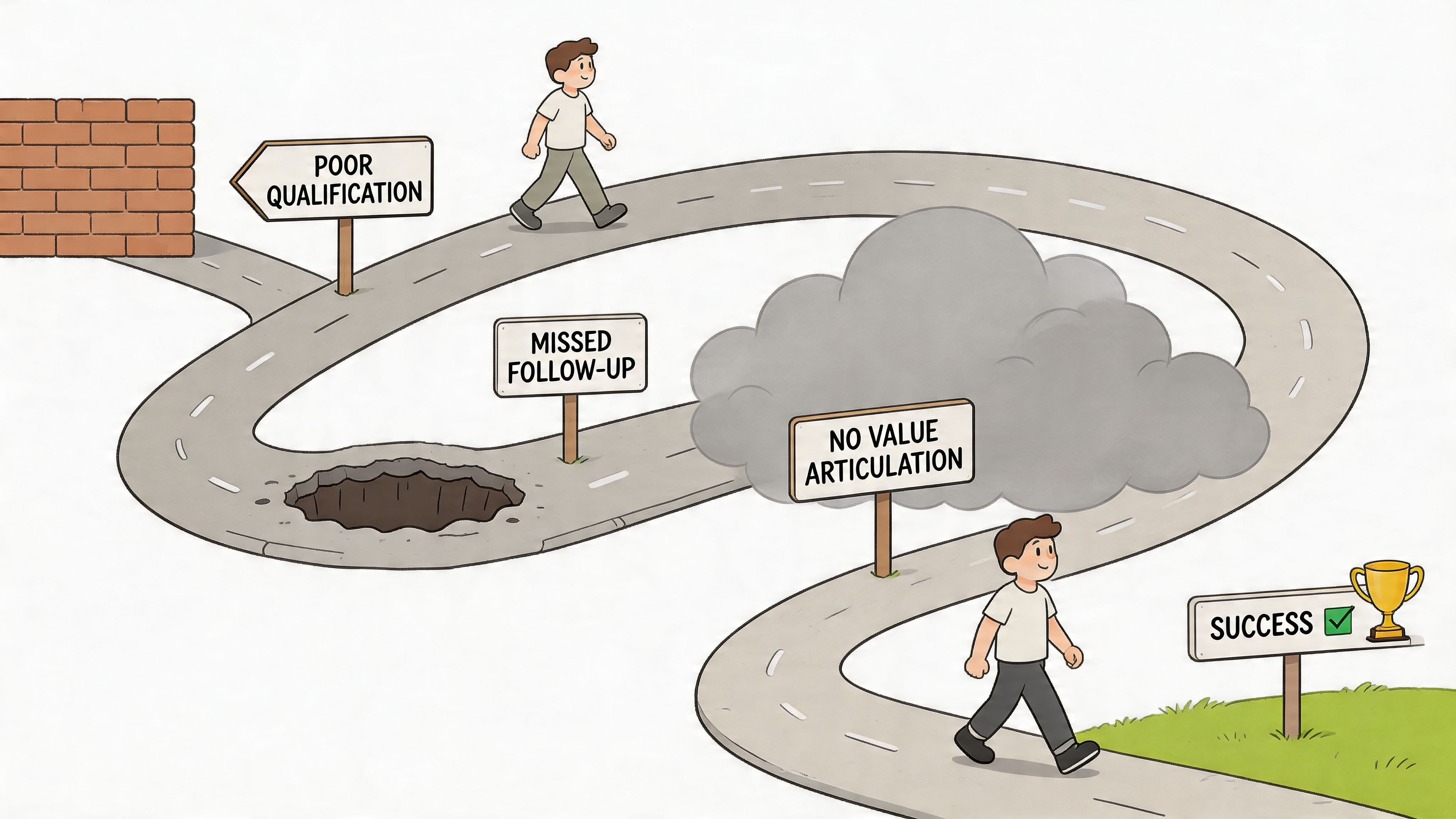 A conceptual illustration of a path toward business success with obstacles representing sales failures and challenges.