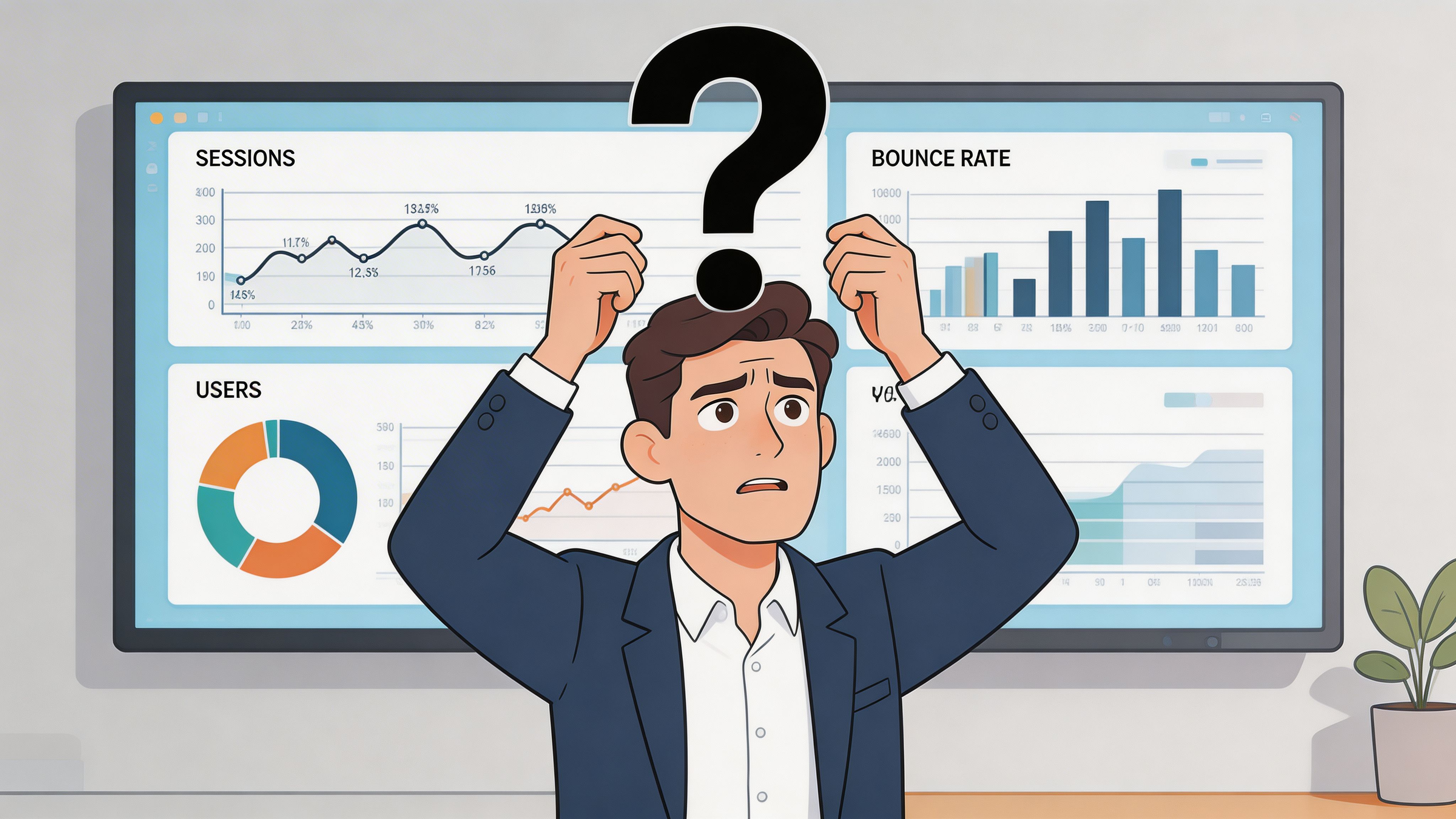 A confused businessman in a suit standing in front of a digital dashboard with analytics charts.