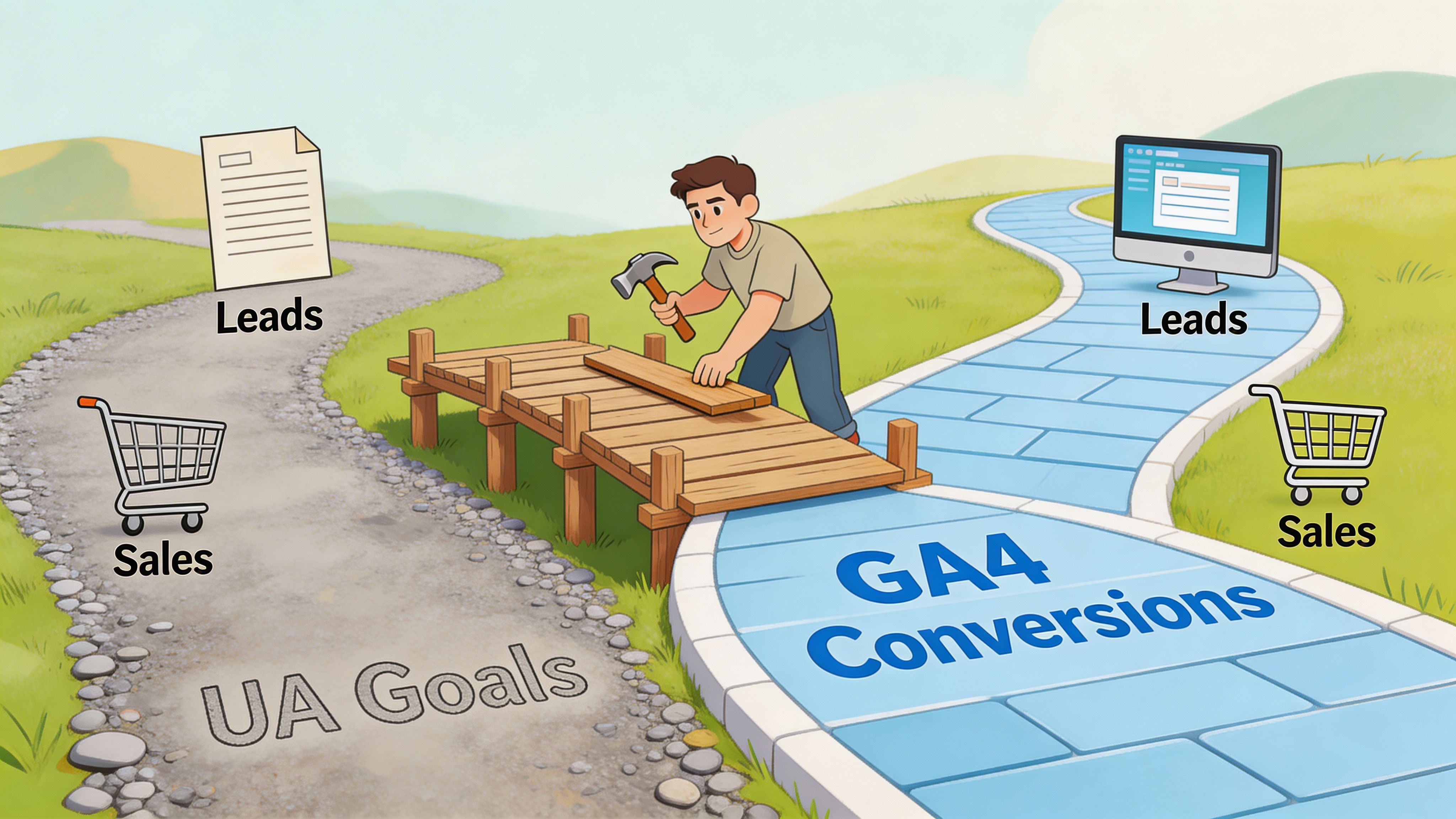 A person building a bridge connecting a UA Goals path to a GA4 Conversions path with icons.