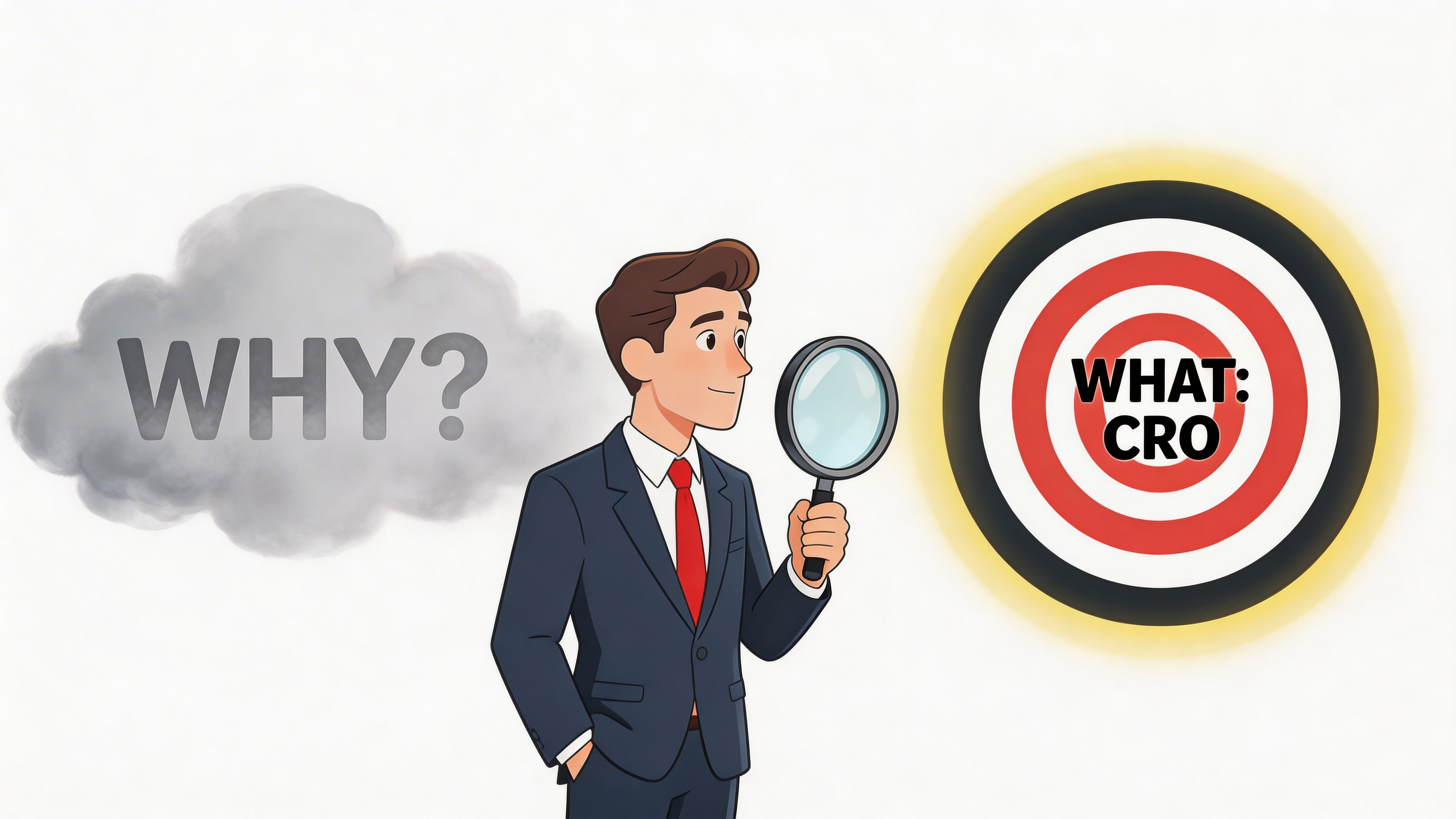 A professional man holding a magnifying glass between a why question cloud and a CRO target.