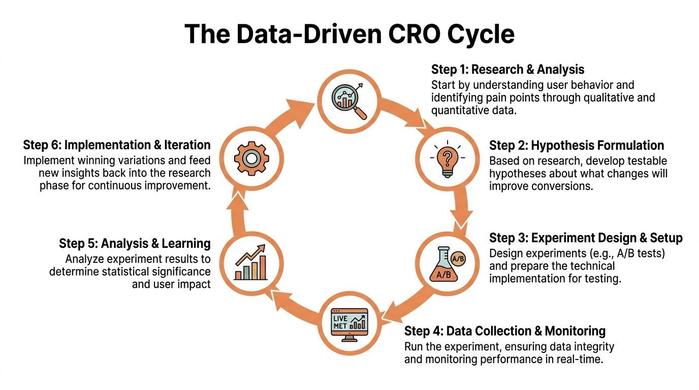 A circular diagram illustrating the six stages of the data-driven conversion rate optimization cycle for business growth.