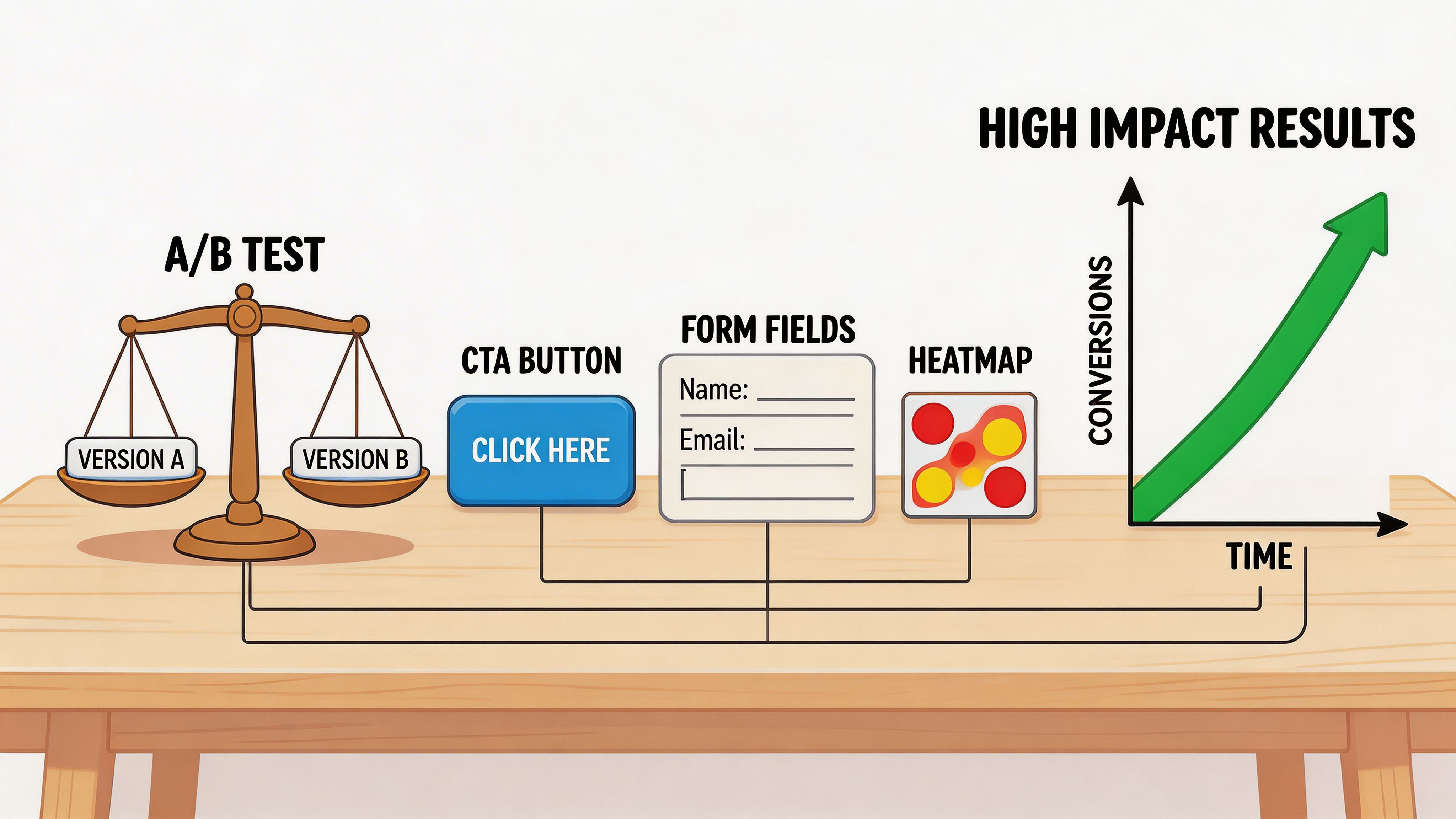 A graphic illustration showing A/B testing, CTA buttons, forms, and heatmaps leading to increased conversion rates.