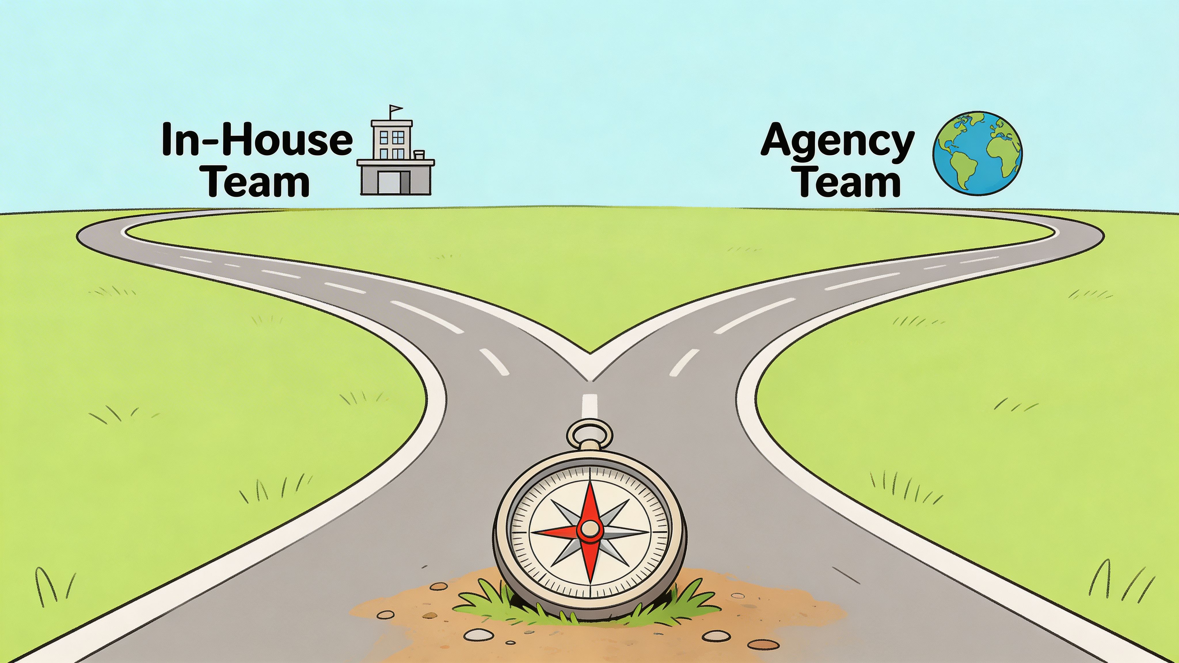 A fork in the road illustration comparing in-house teams and agency teams with a compass below.