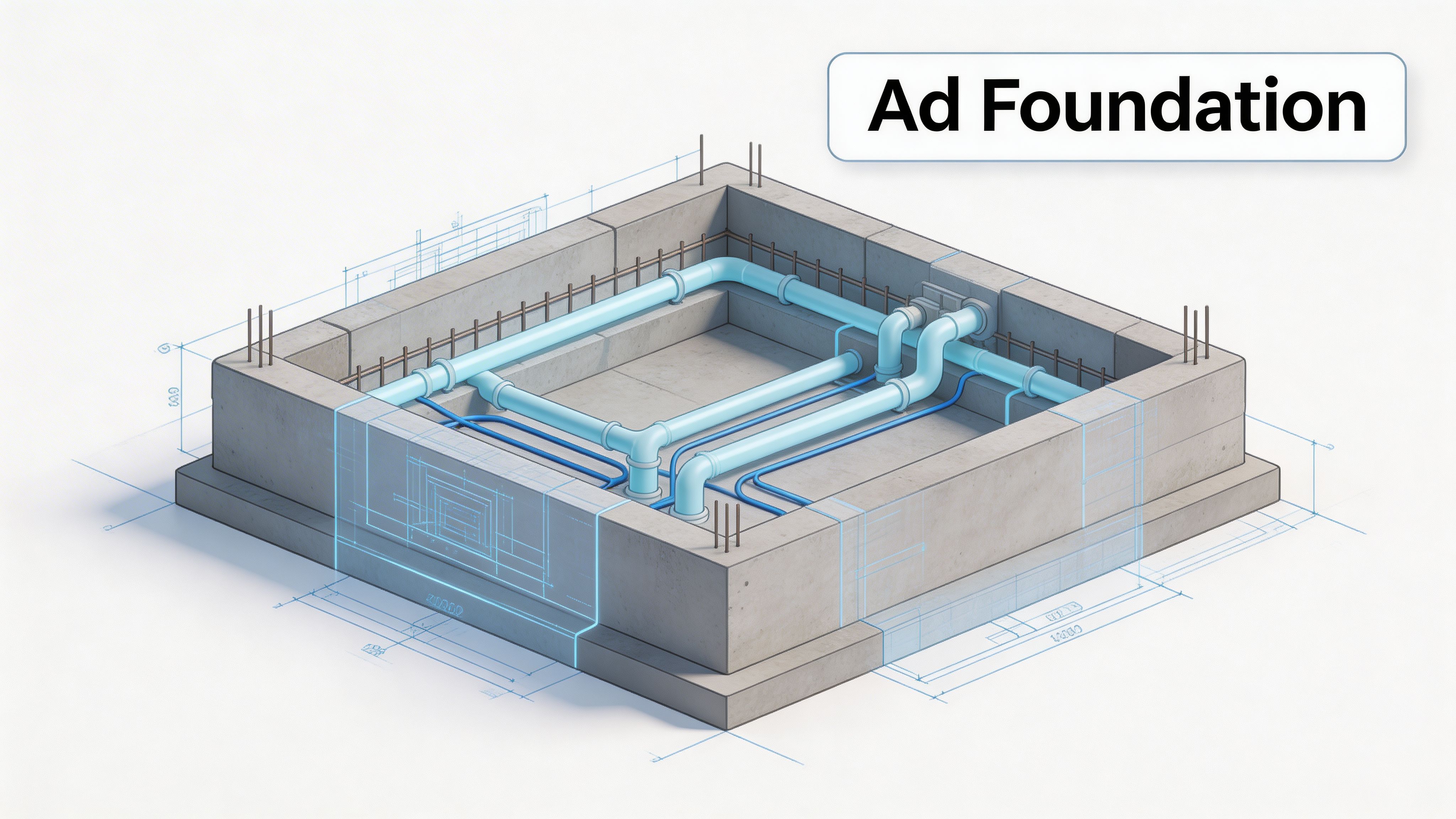 A detailed 3D technical illustration of a concrete foundation with integrated plumbing pipes for construction.