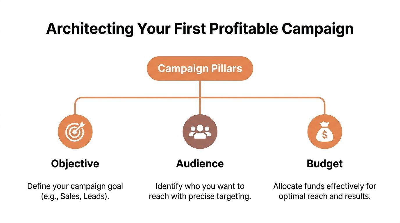 A diagram outlining the three essential pillars for a profitable campaign: objective, audience, and budget.