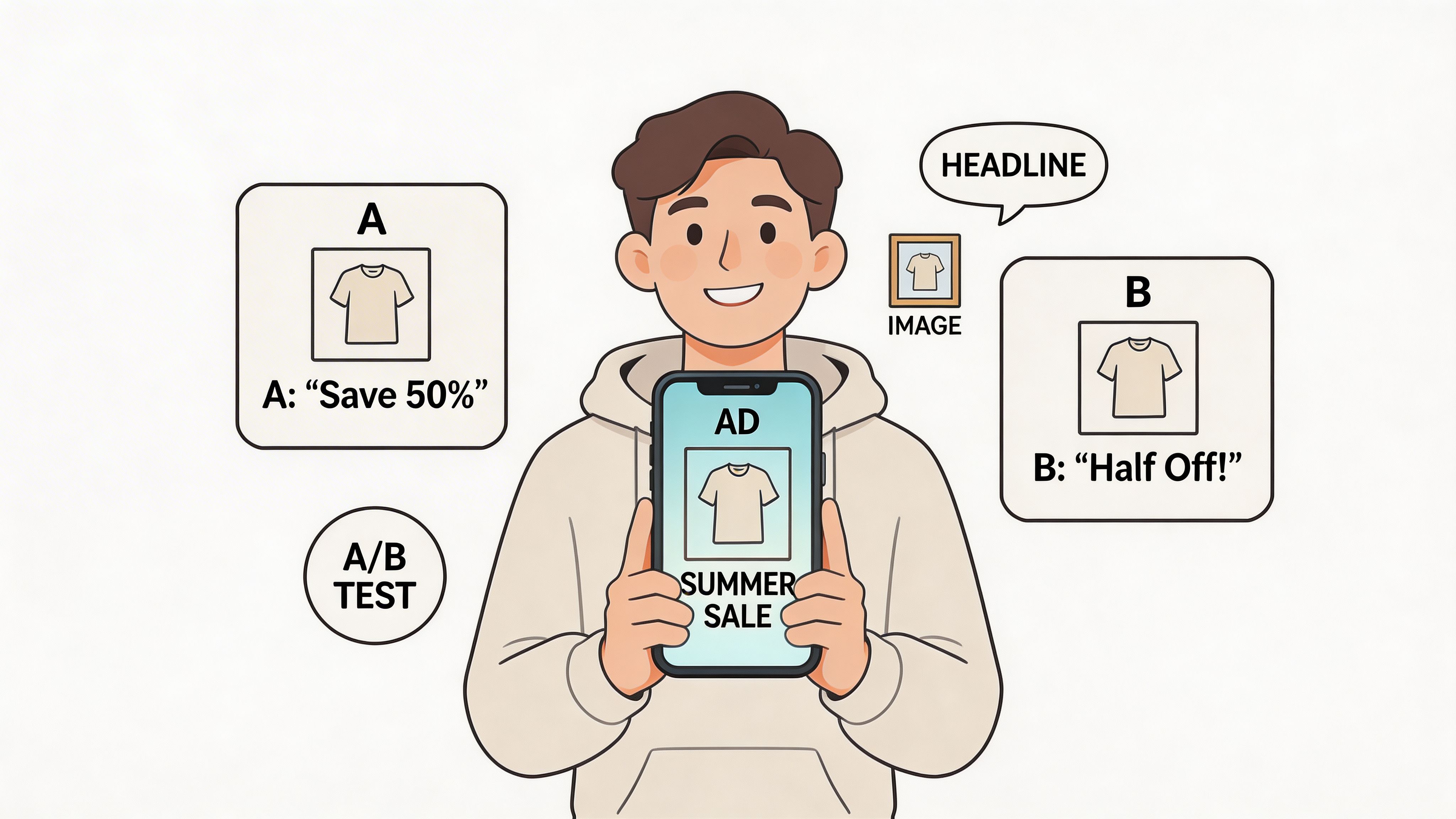 A young man presenting a smartphone displaying an advertisement while comparing A/B testing ad variations.