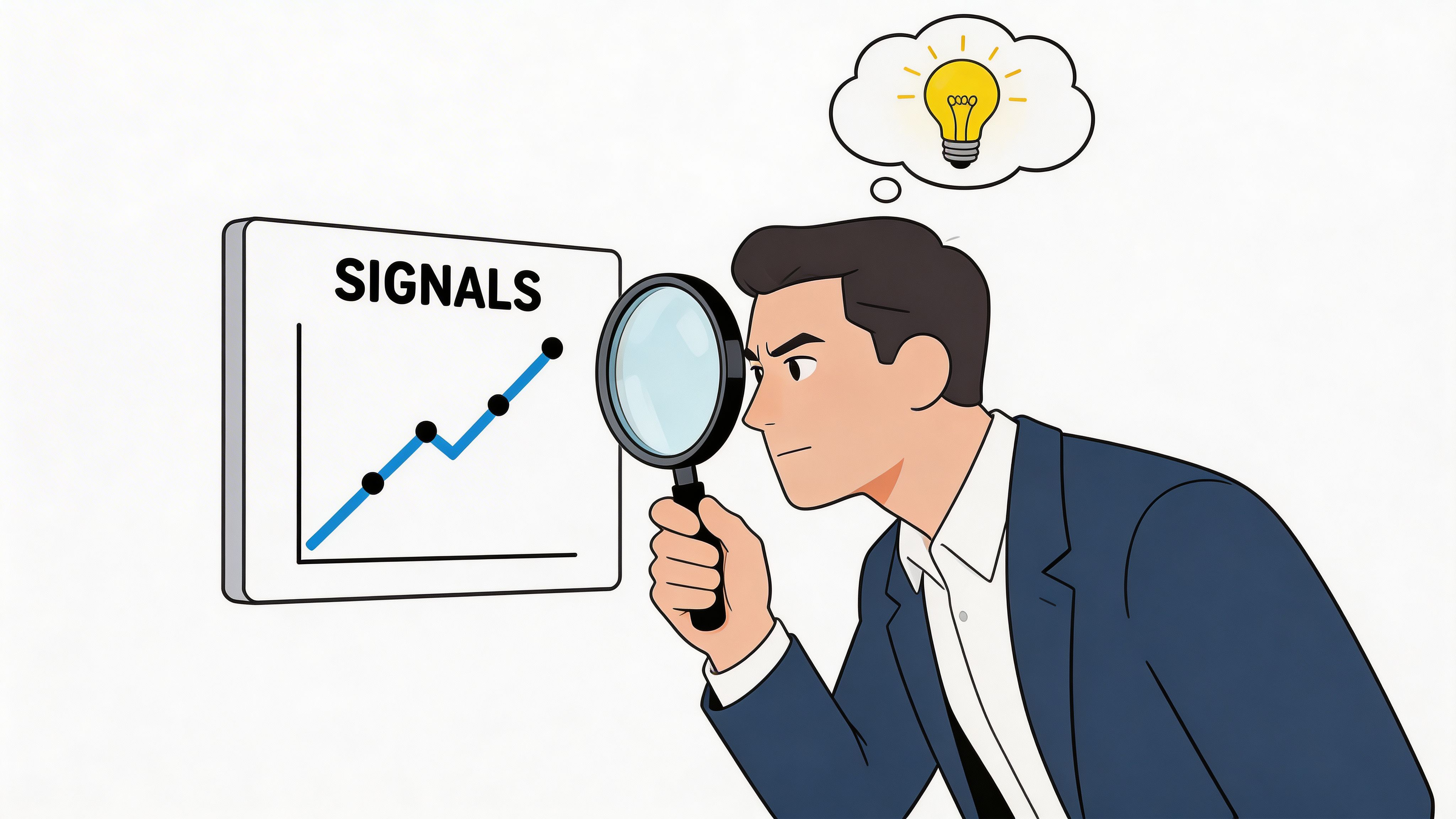 A professional man looking through a magnifying glass at a rising graph chart labeled signals.